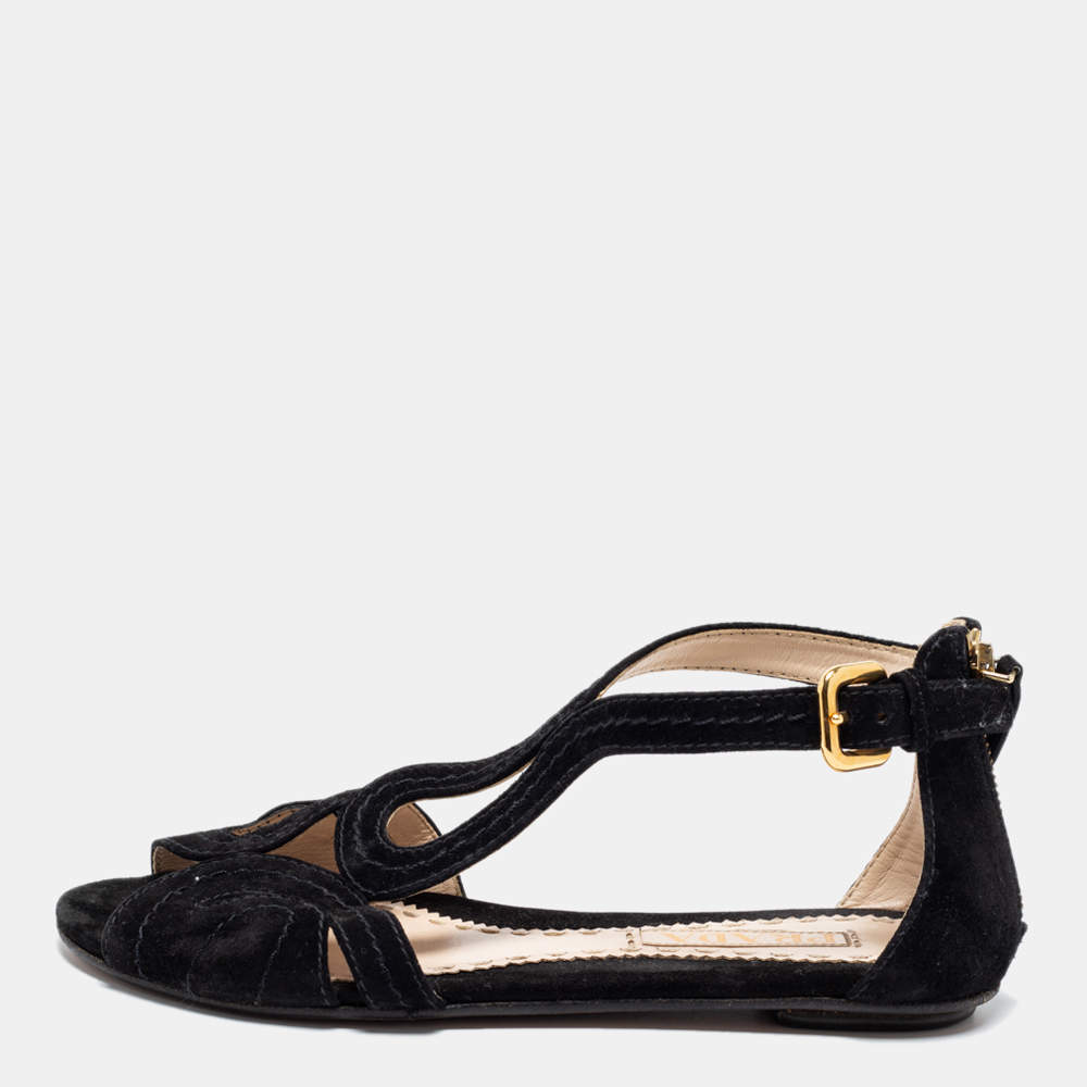Pre Owned Prada Black Suede Cutout Sandals Size 37