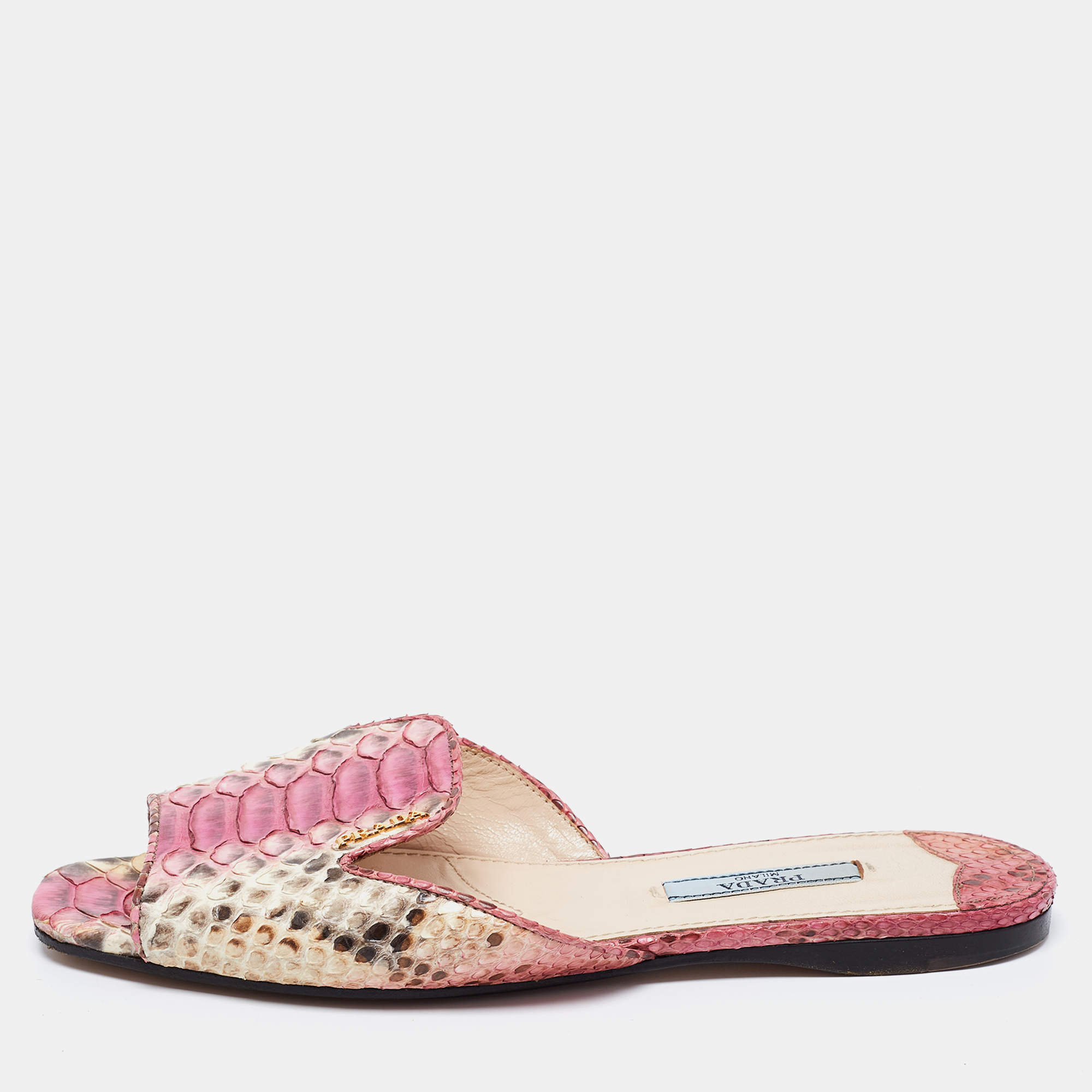 Pre Owned Prada Pink/Beige Python Leather Flat Slides Size 36