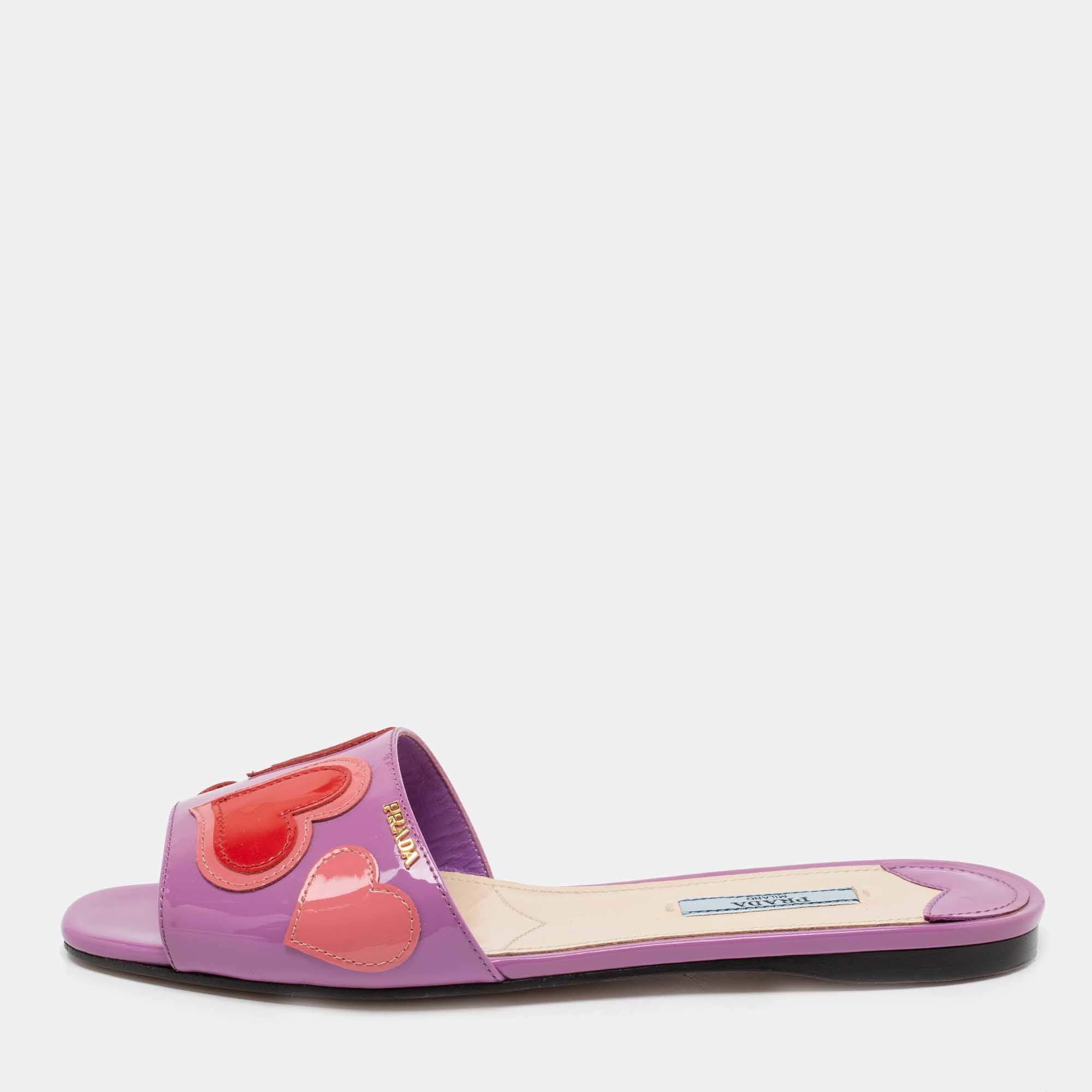 Prada Purple Patent Leather Heart Motif Flat Slide Sandals Size 38.5