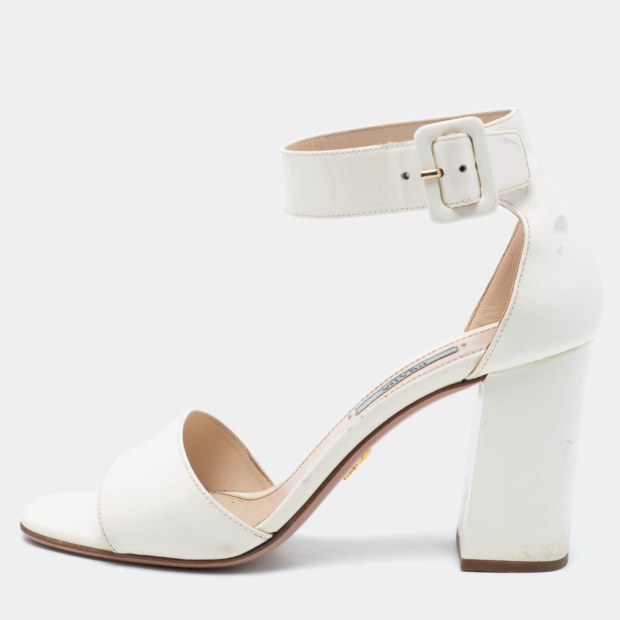 Prada Off-White Patent Leather Ankle-Strap Sandals Size 38