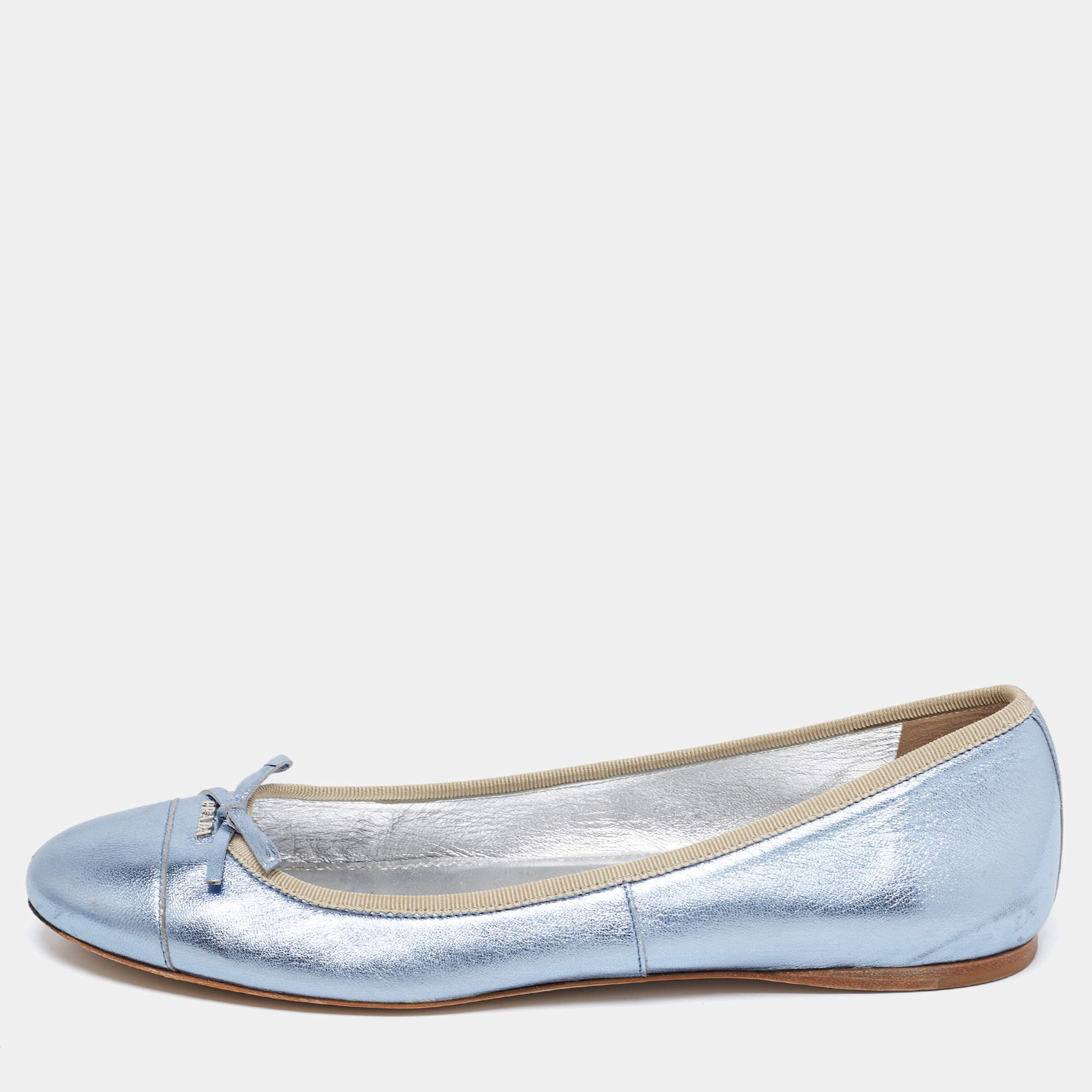 Pre Owned Prada Metallic Blue Leather Bow Ballet Flats Size 39.5