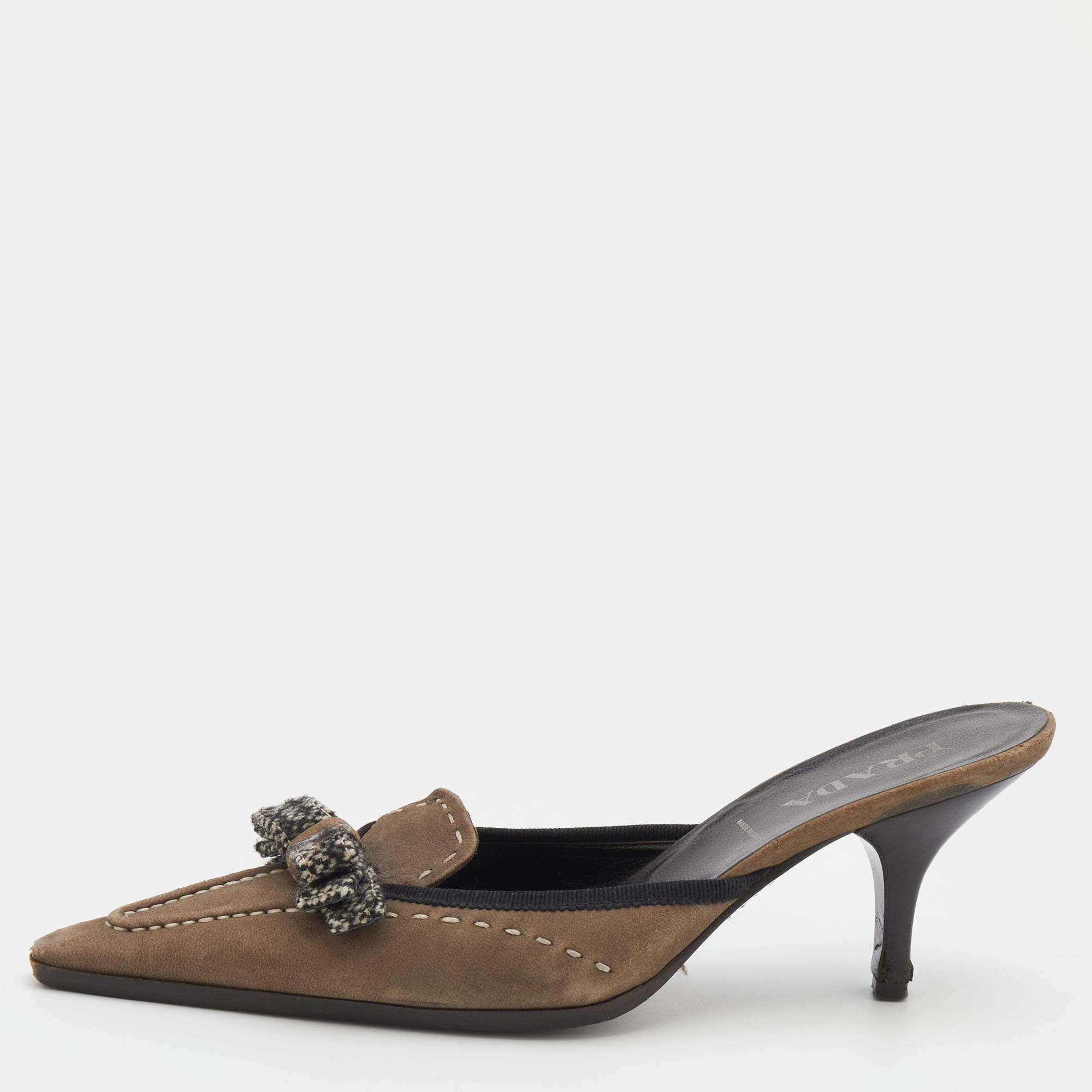 Prada Vintage Grey Suede Tweed Bow Mules Size 36.5