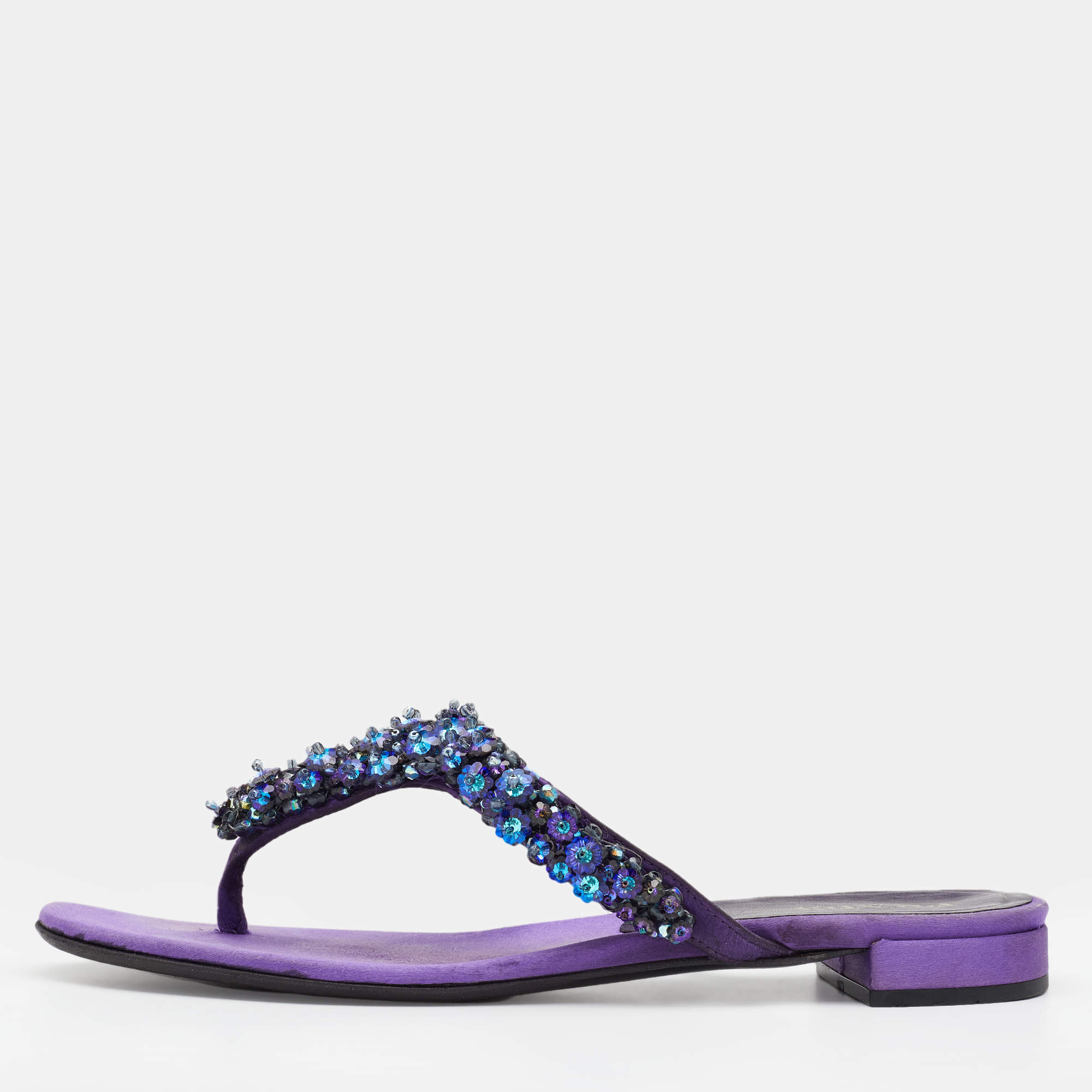 Pre Owned Prada Purple Satin Crystal Embellished Thong Flats Size 40.5