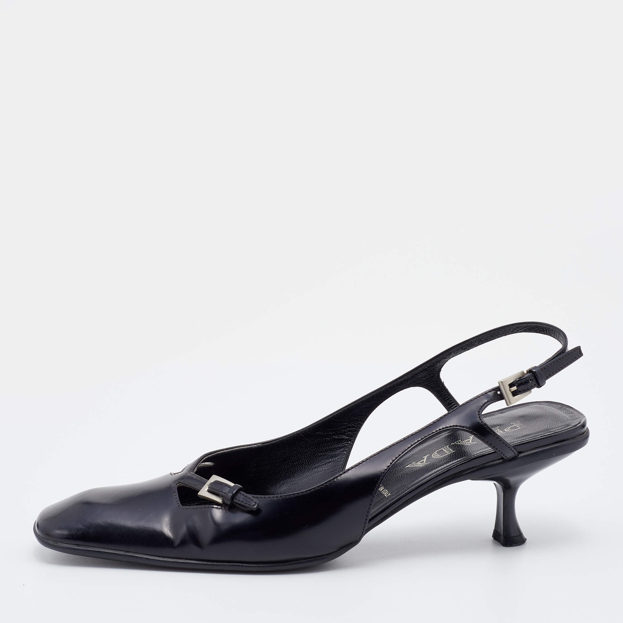 Prada Black Leather Square Toe Slingback Sandals Size 37.5