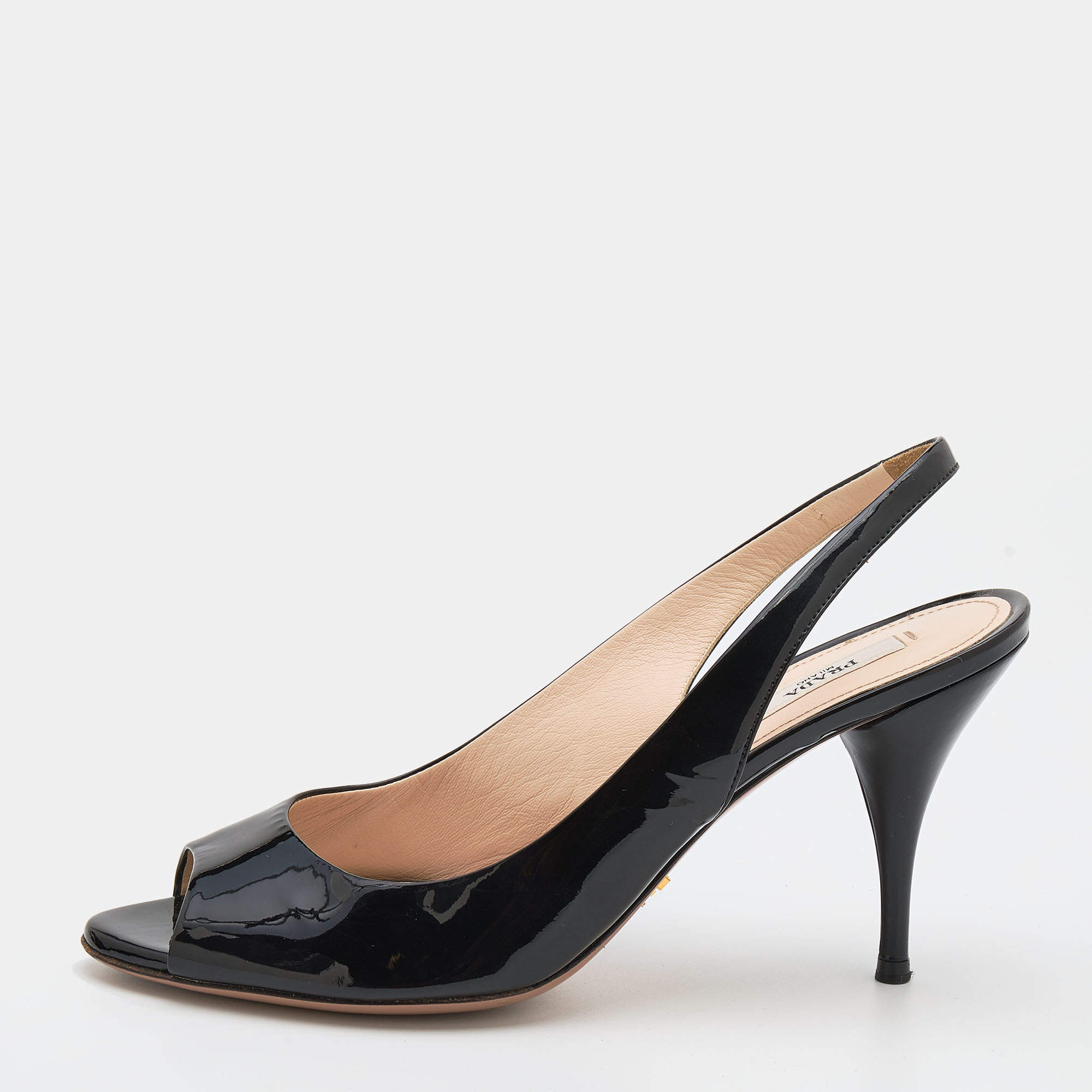 Prada Black Patent Leather Peep Toe Slingback Sandals Size
