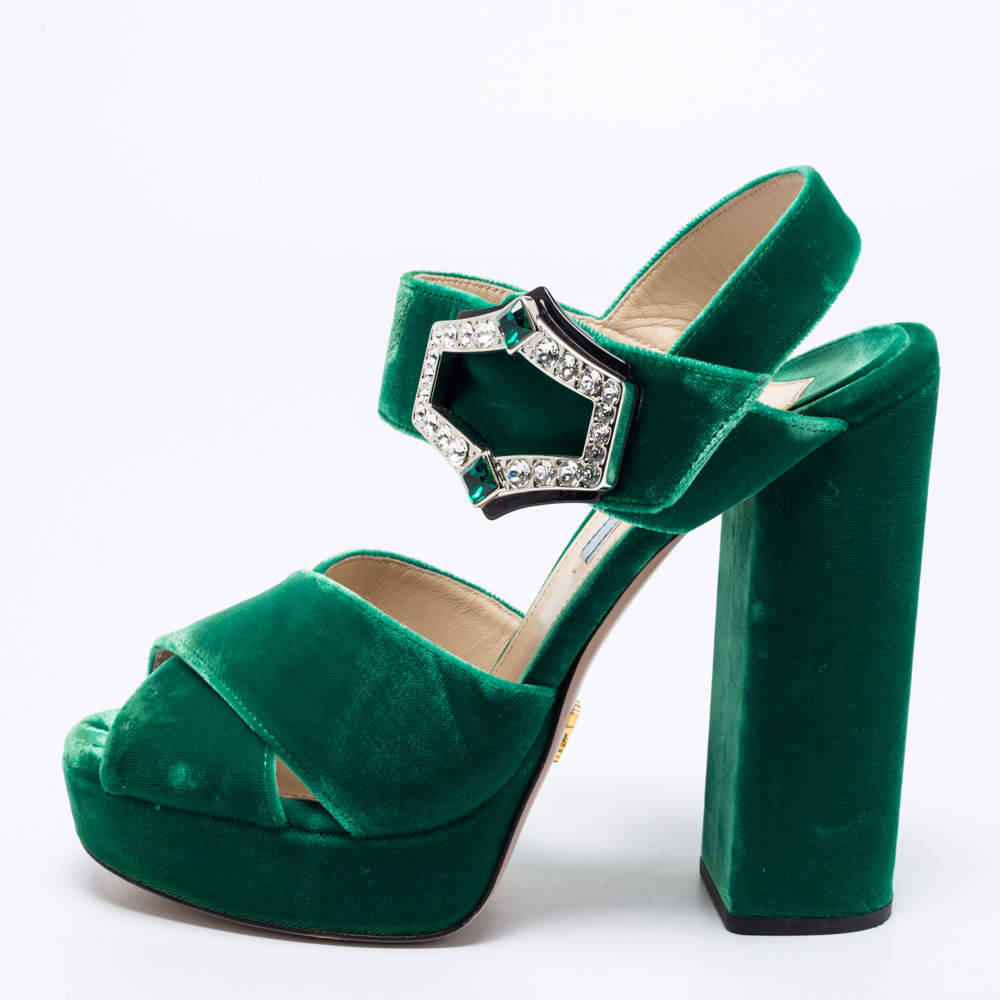 Pre Owned Prada Green Velvet Cross Strap Platform Ankle-Strap Sandals Size 38
