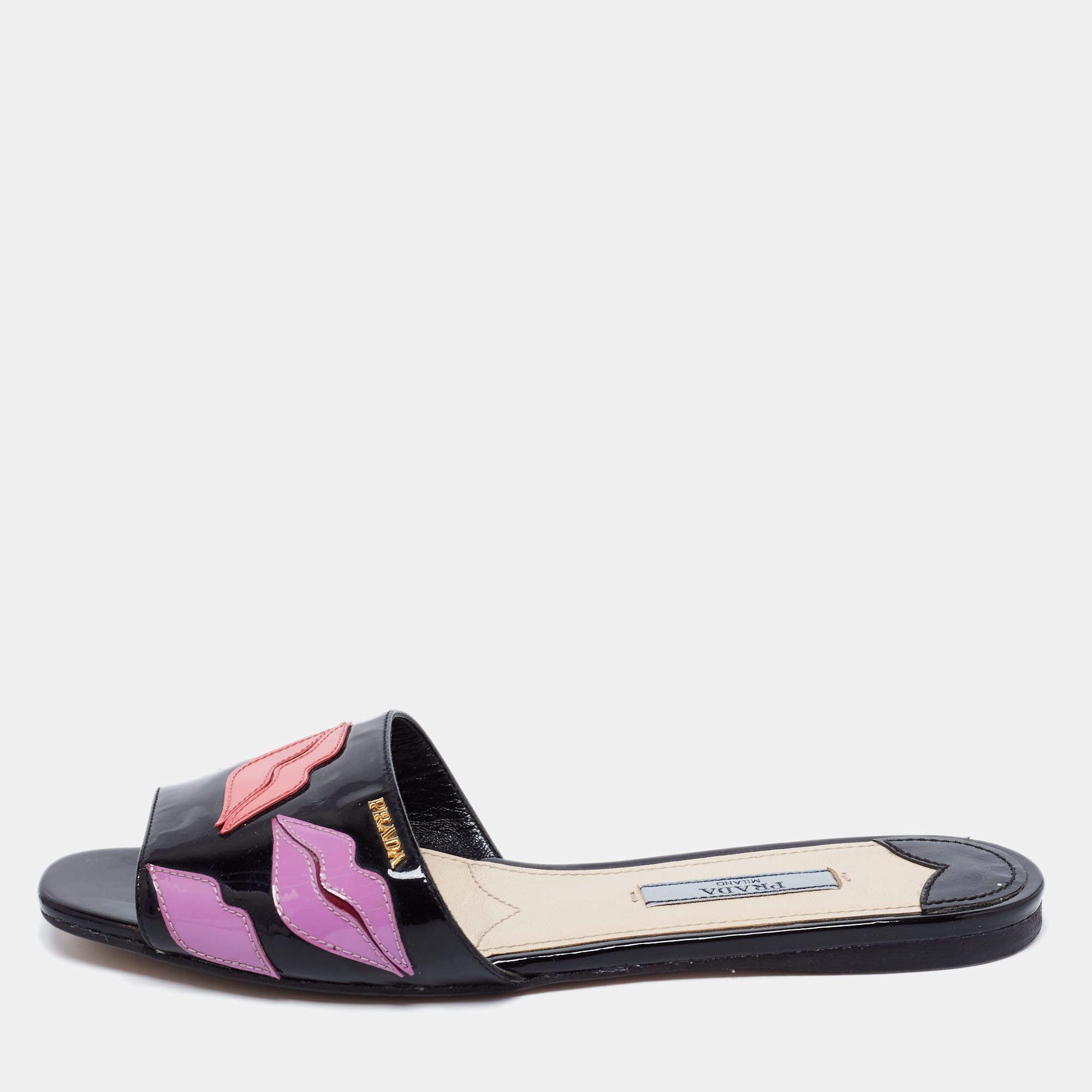 Pre Owned Prada Black Patent Leather Logo Embellished Flats Size 36