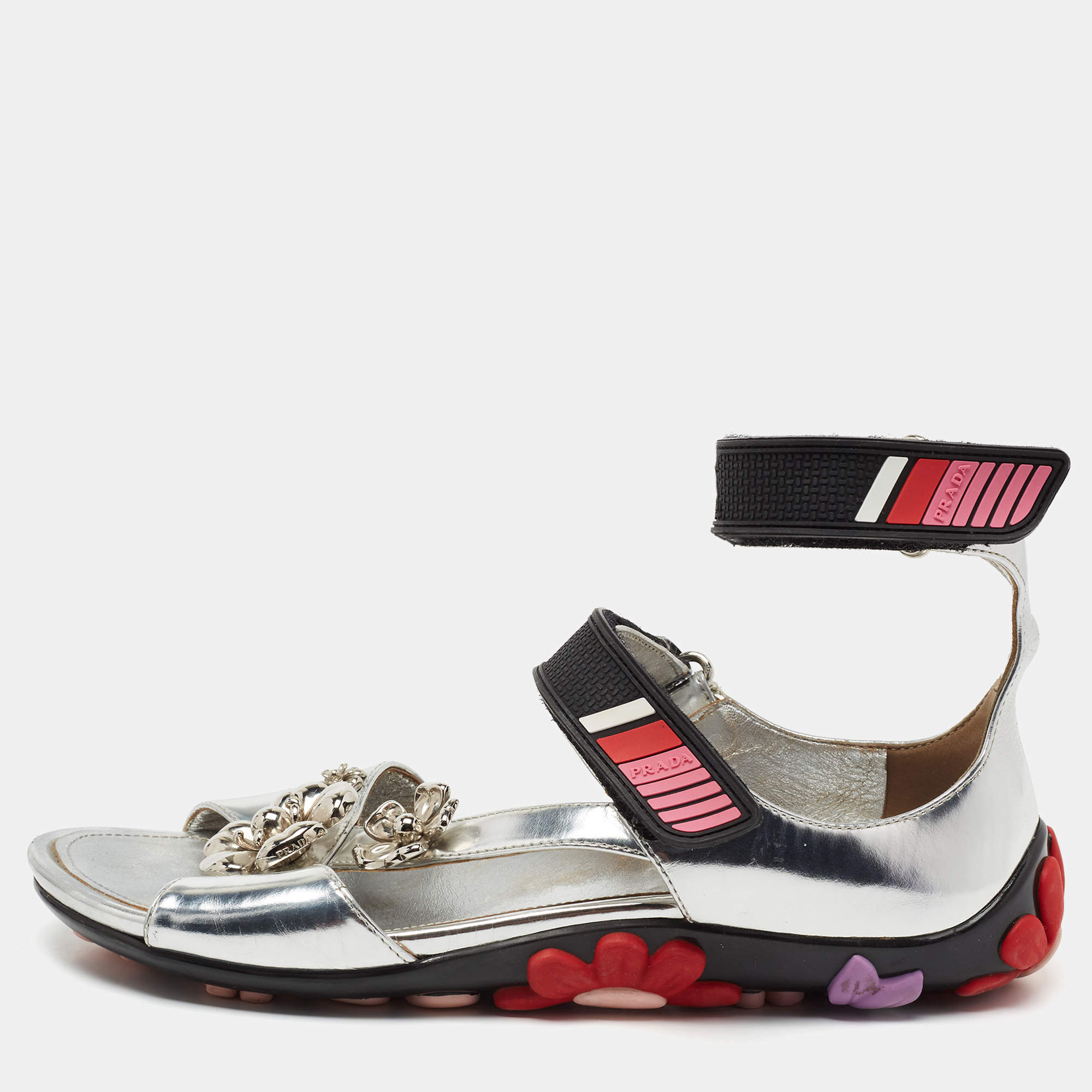 Prada Silver Patent Leather Flower Embellished Ankle Strap Sandals Size 38.5