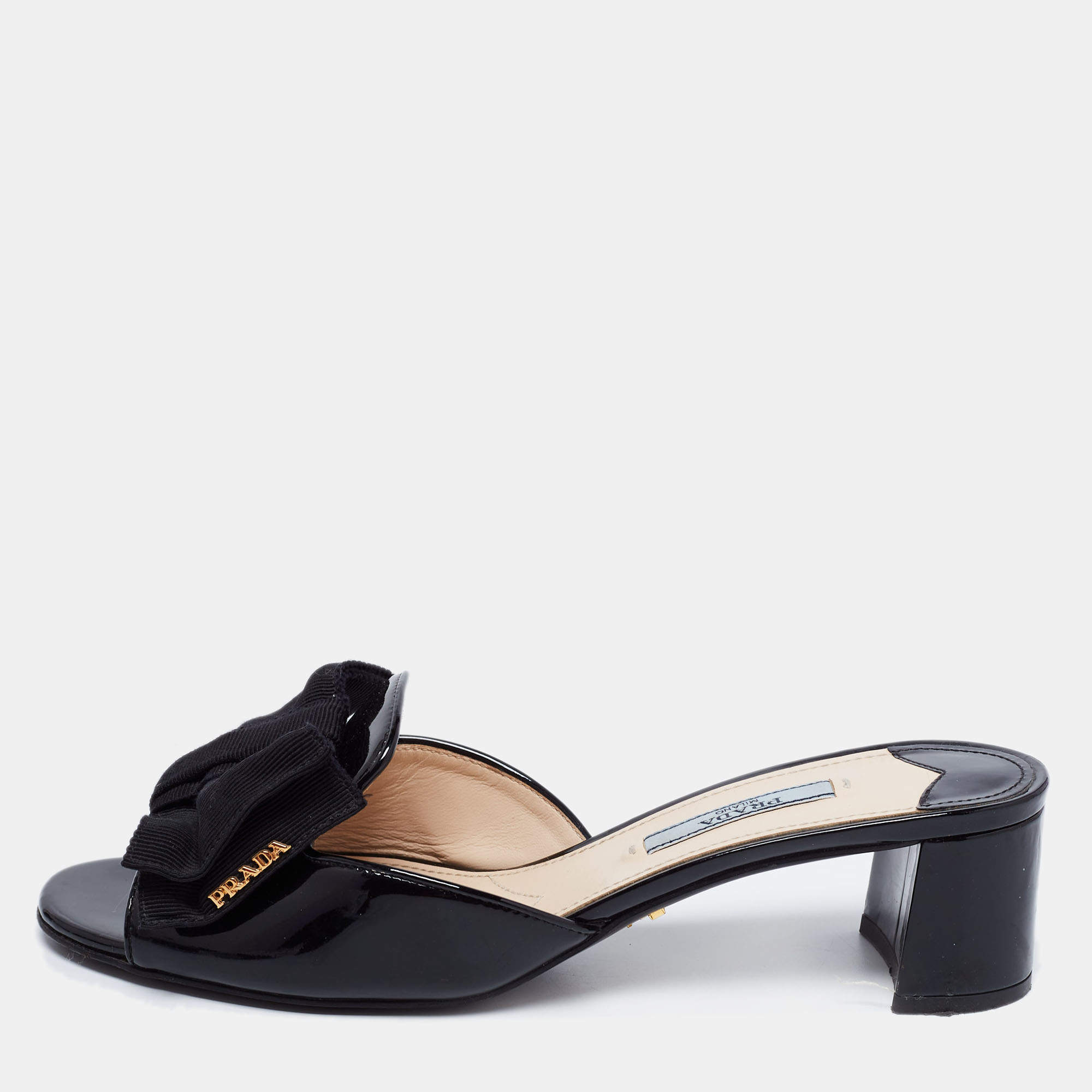 Pre Owned Prada Black Patent Leather and Fabric Bow Block Heel Slide Sandals Size 36.5