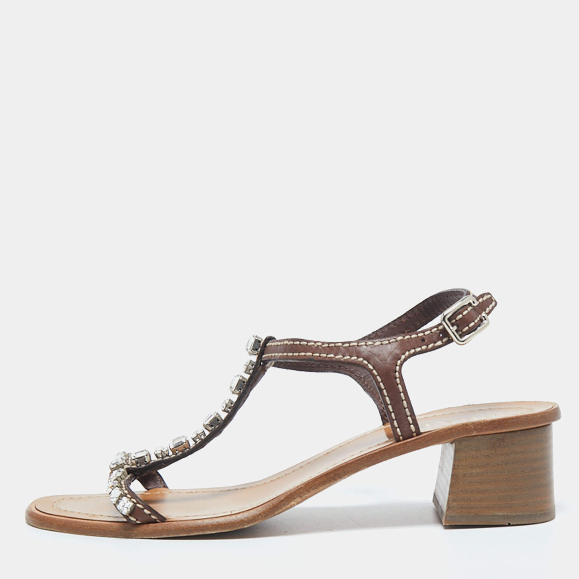Pre Owned Prada Brown Leather Studded T Strap Sandals Size 38