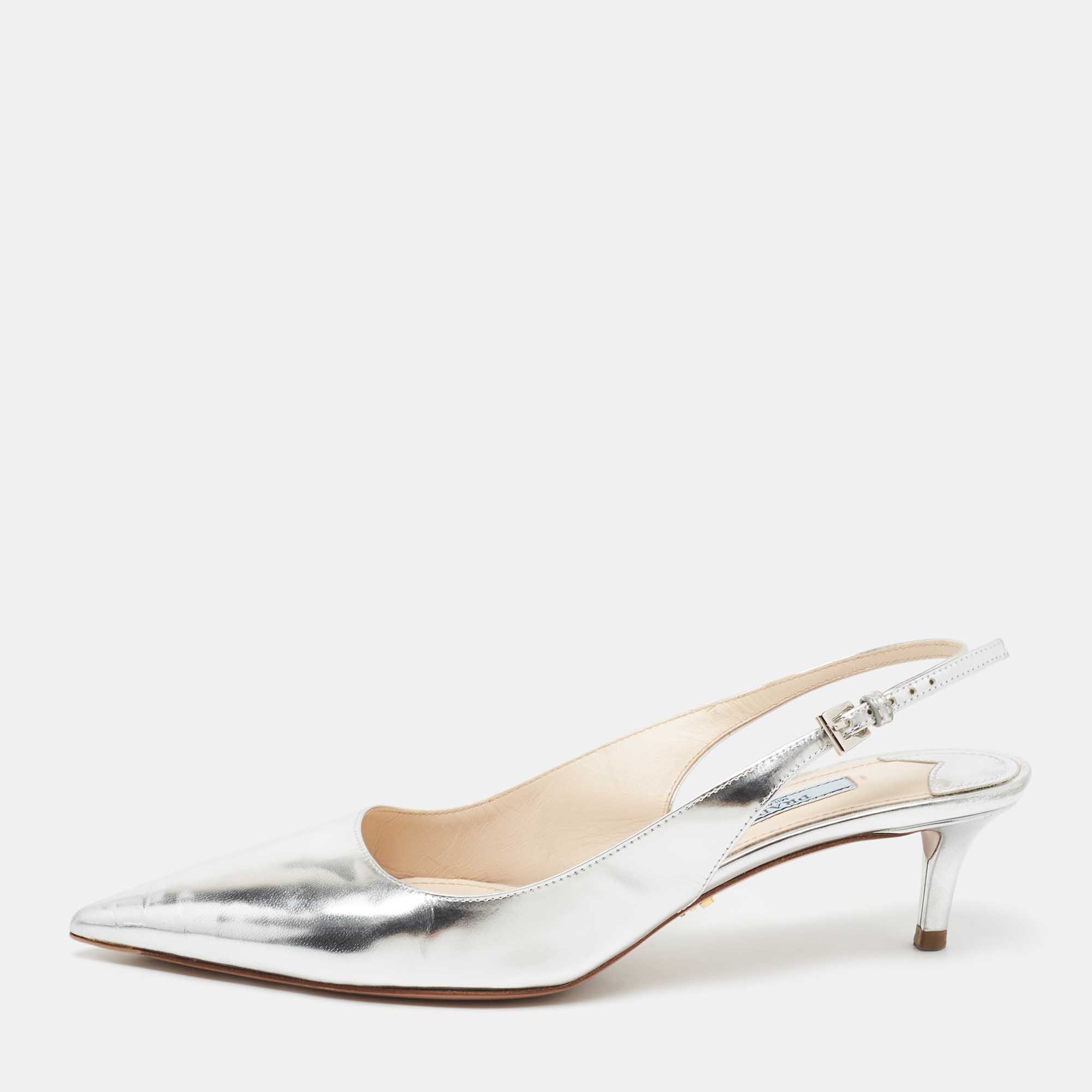 Pre Owned Prada Silver Leather Pointed Toe Slingback Pumps Size 38