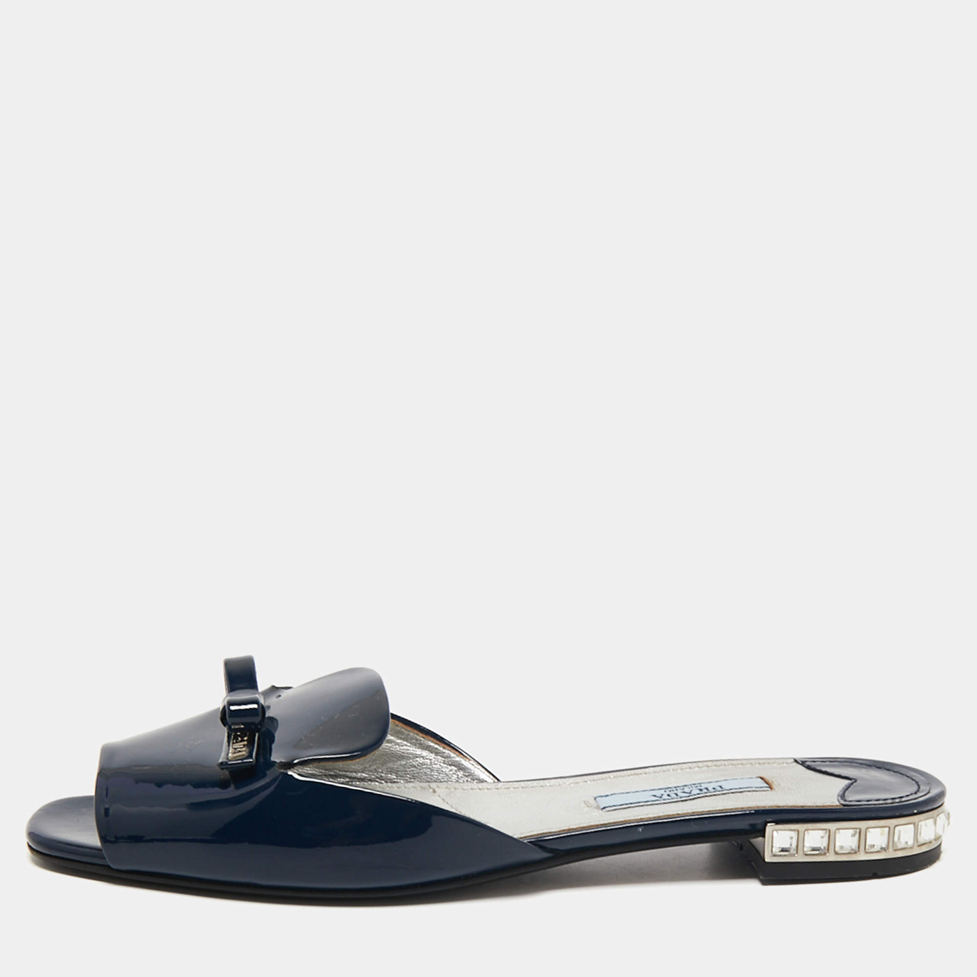 Pre Owned Prada Blue Patent Leather Crystal Embellished Bow Flat Slides Size 36.5