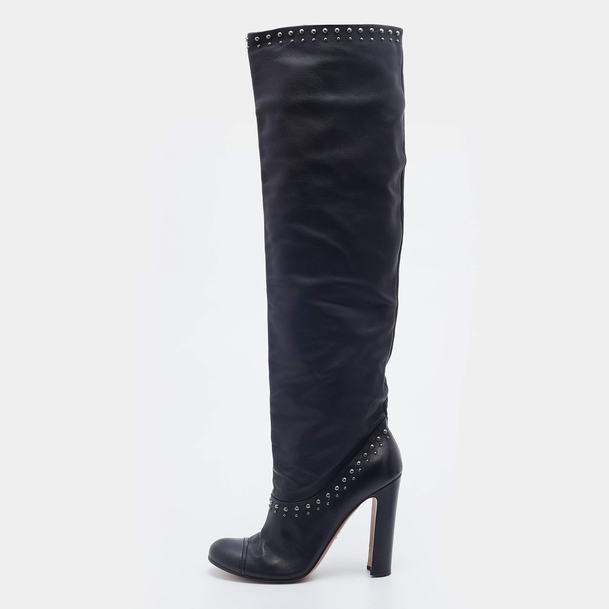 Pre Owned Prada Black Leather Studded Knee Length Boots Size 38