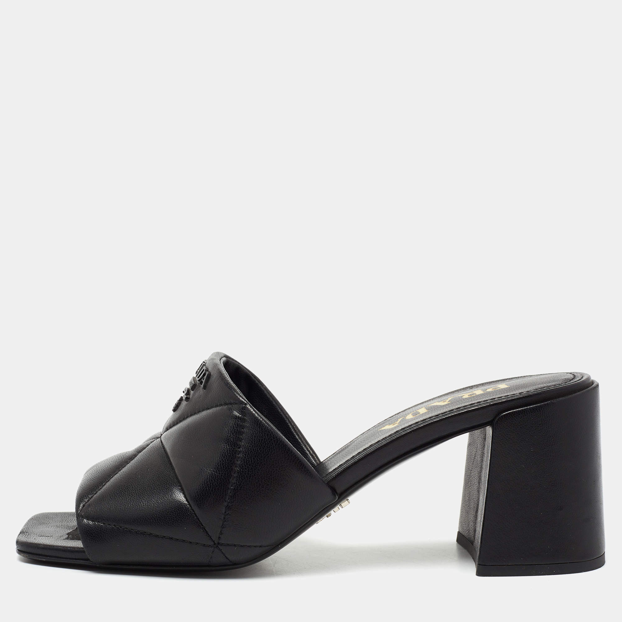 Pre Owned Prada Black Quilted Leather Block-Heel Slide Sandals Size 37