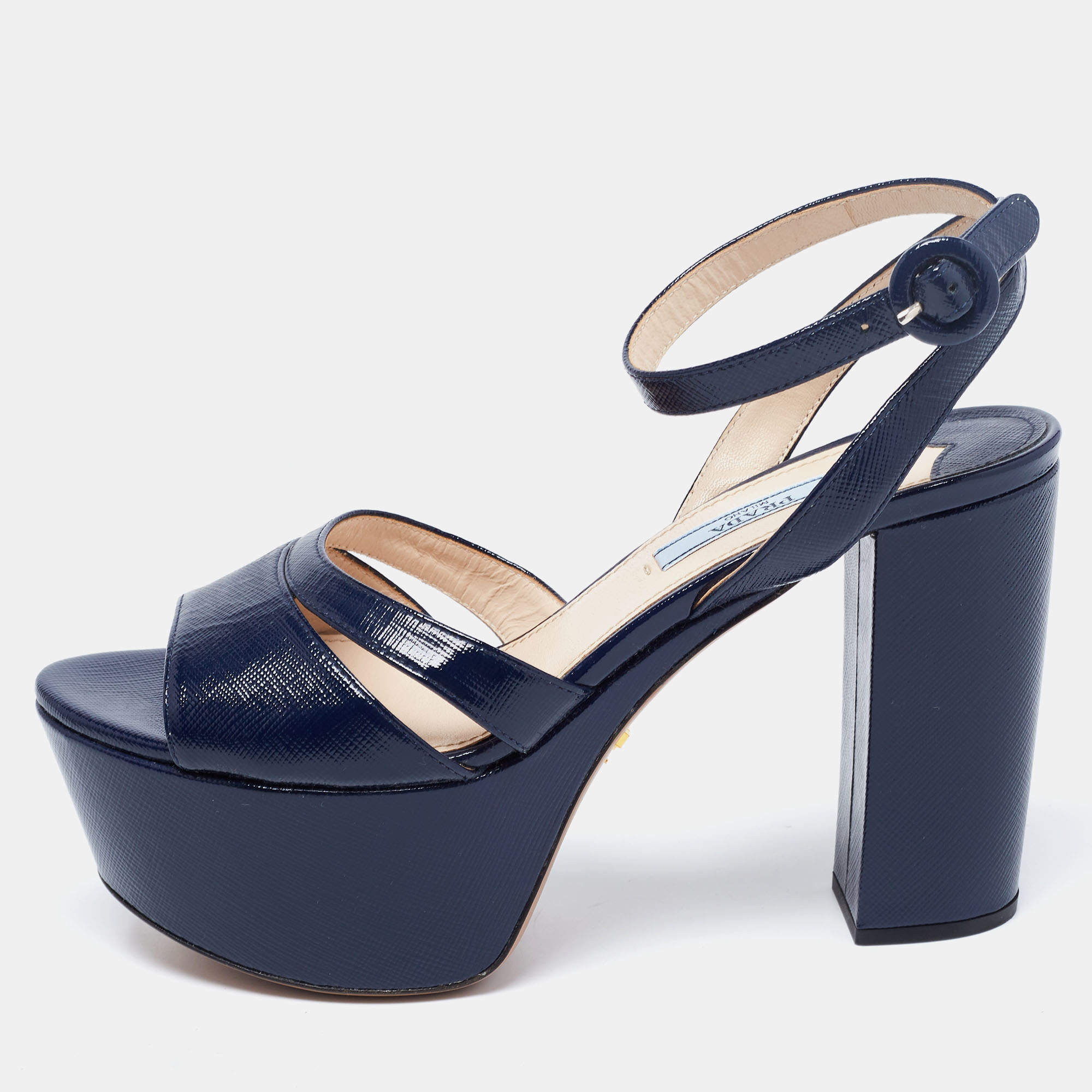 Pre Owned Prada Navy Blue Vernice Saffiano Leather Platform Block Heel Ankle Strap Sandals Size 37.5