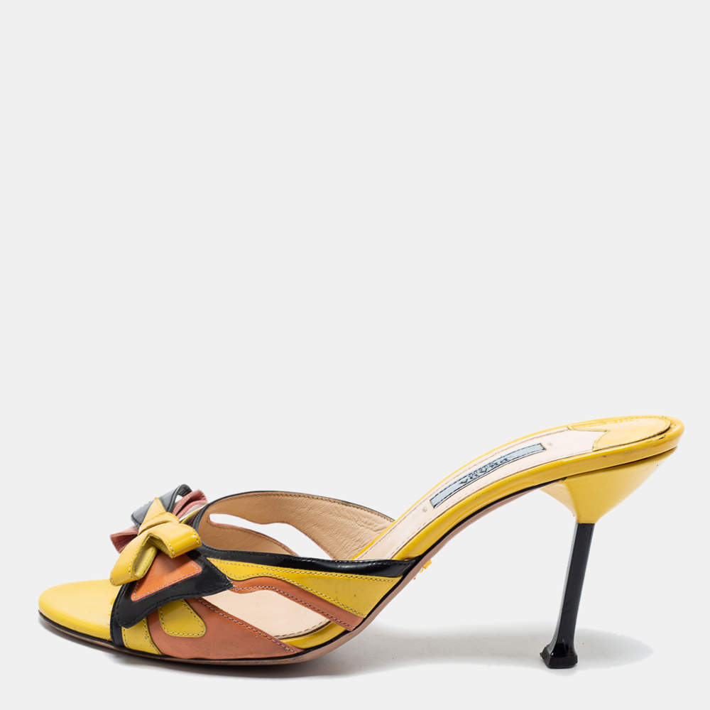 Prada Multicolor Patent Leather Bow Slide Sandals Size 39