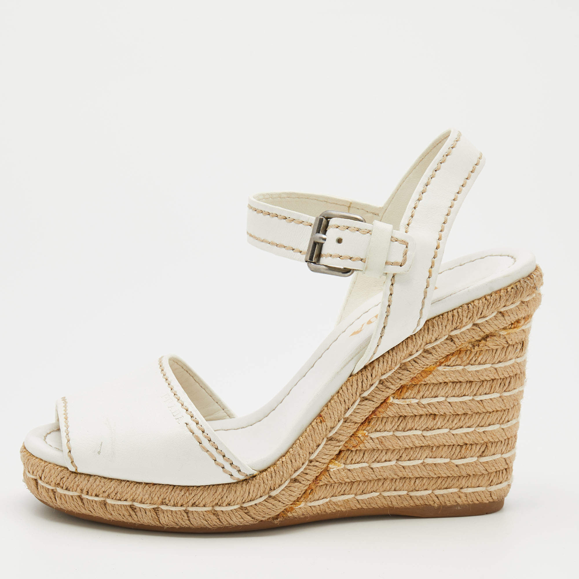 Pre Owned Prada White Leather Espadrille Platform Wedge Ankle Strap Sandals Size 39.5