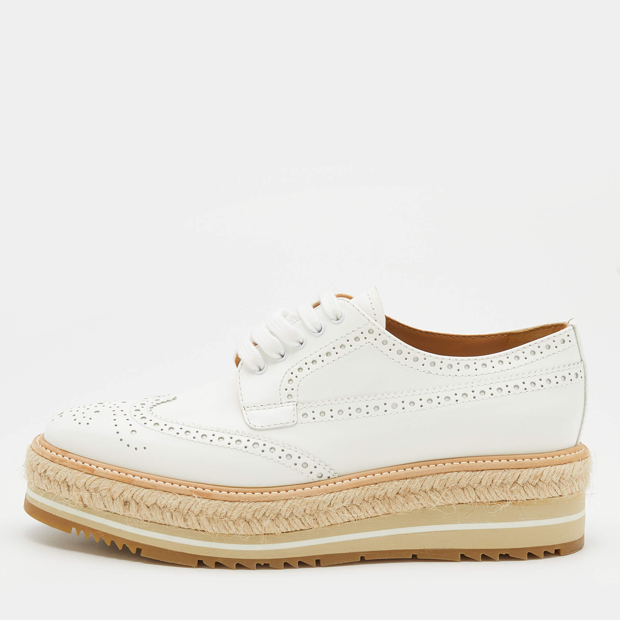 Pre Owned Prada White Leather Brogue Leather Wave Wingtip Platform Derby Sneakers Size 37.5