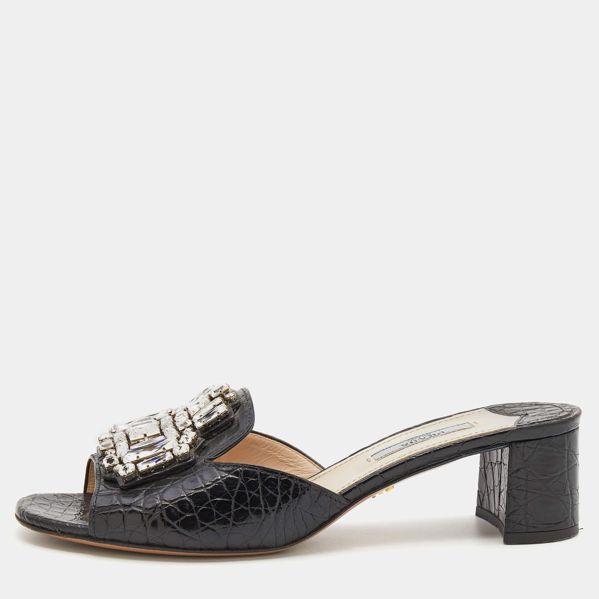 Pre Owned Prada Black Croc Embossed Leather Crystal Embellished Slide Sandals Size 38