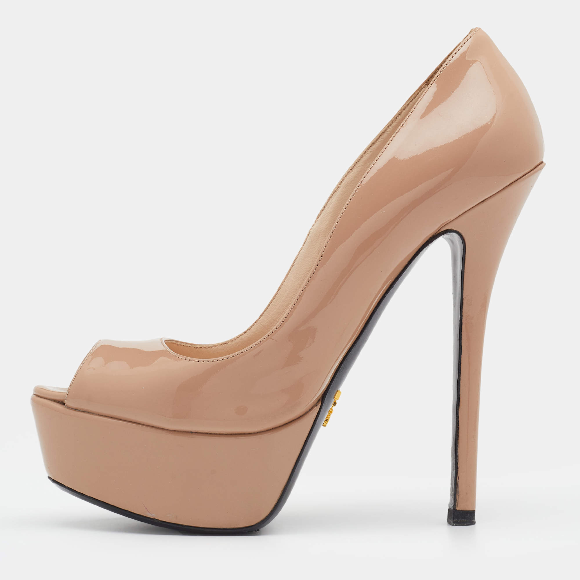 Pre Owned Prada Beige Patent Leather Peep Toe Platform Pumps Size 37.5