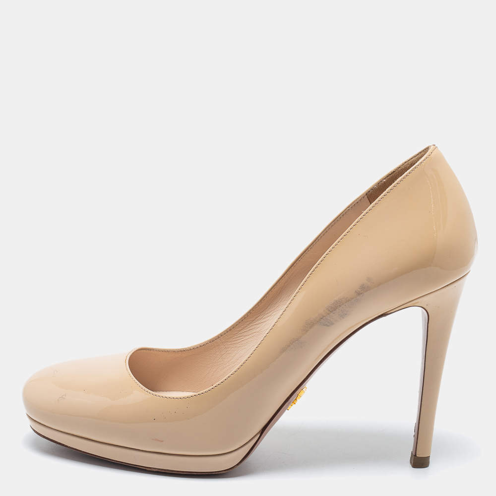 Prada Beige Patent Leather Platform Pumps Size 38