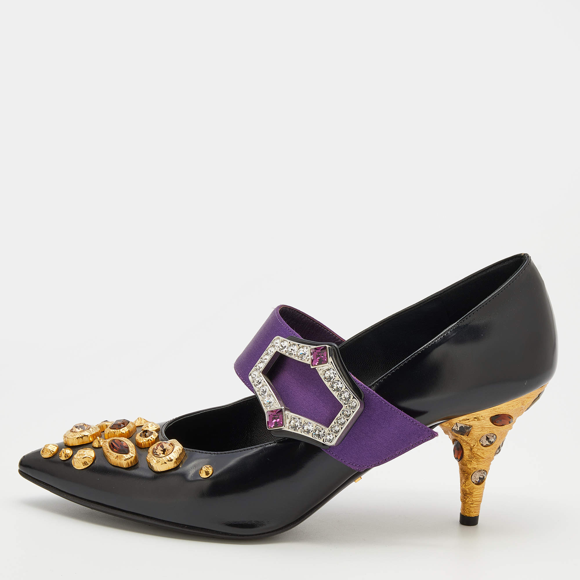 Prada Black/Purple Leather And Satin Jeweled Mary Jane Pointed Toe Pumps Size 39