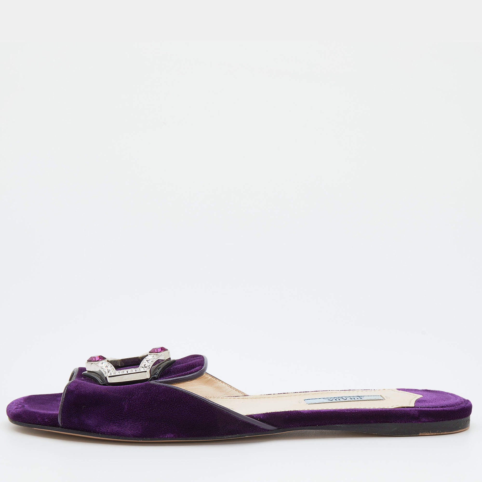 Pre Owned Prada Purple Velvet And Leather Crystal Embellished Flat Slide Sandals Size 39.5