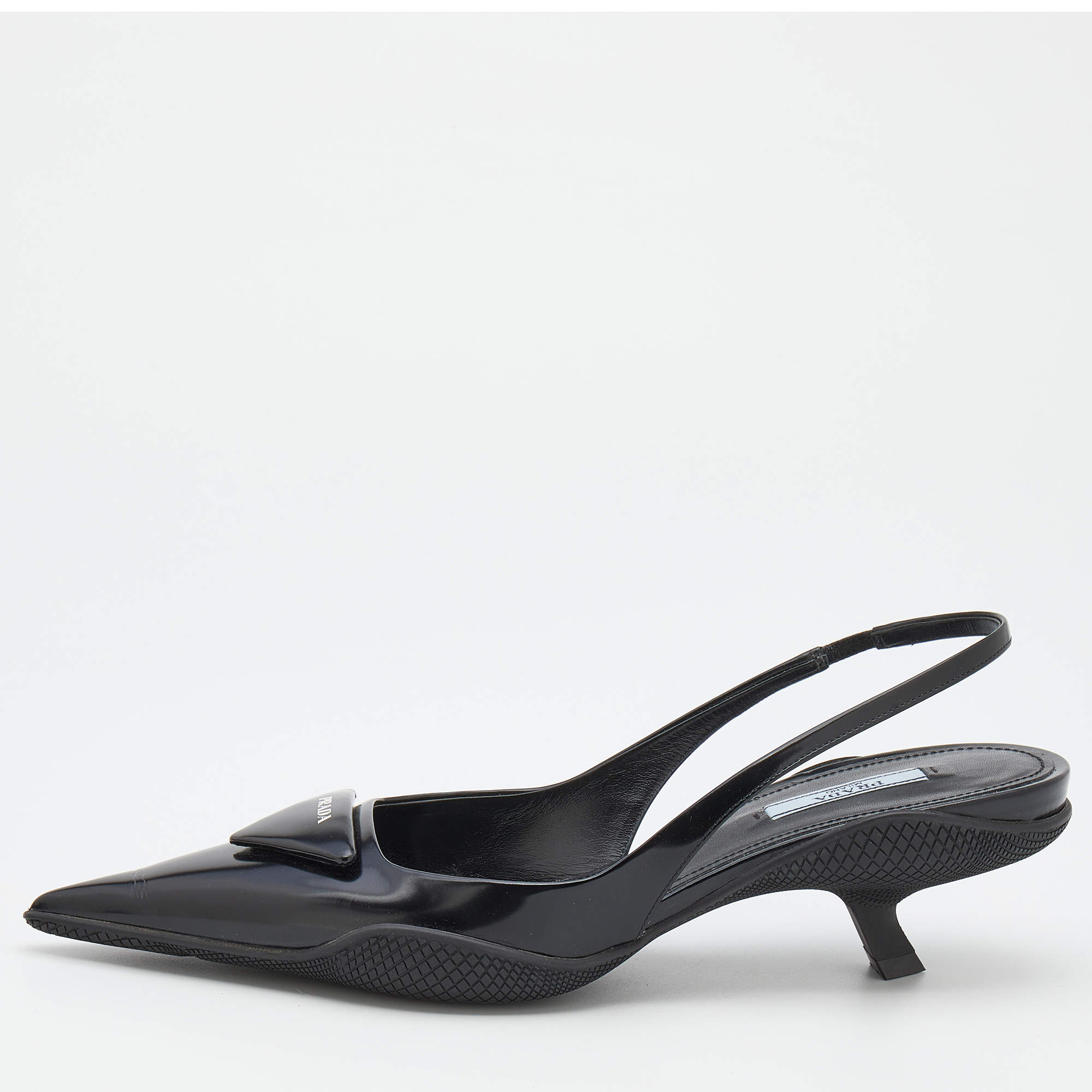 Pre Owned Prada Black Leather Triangle Logo Kitten Heel Slingback Sandals Size 39