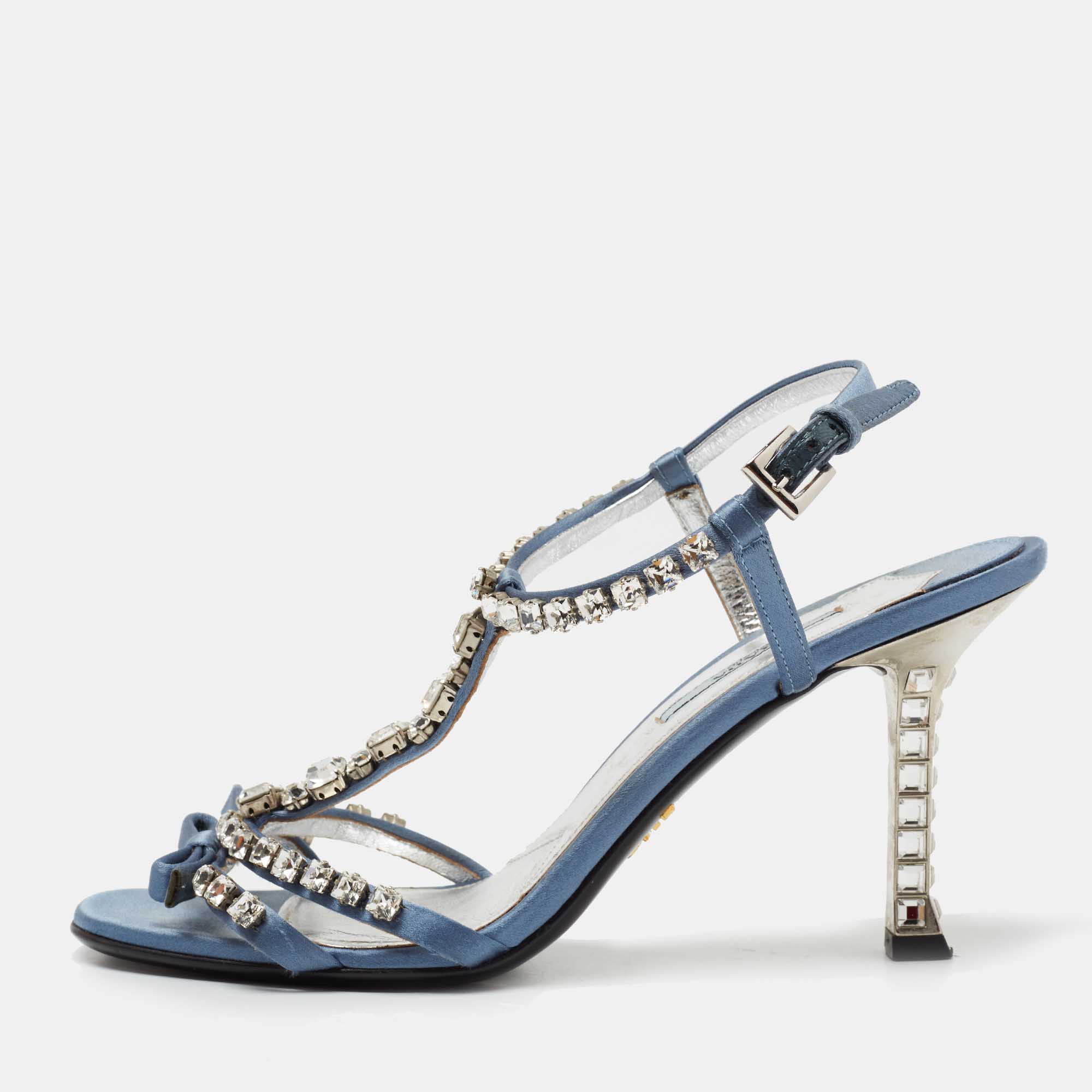 Pre Owned Prada Blue Satin Crystal Studded Ankle Strap Sandals Size 37