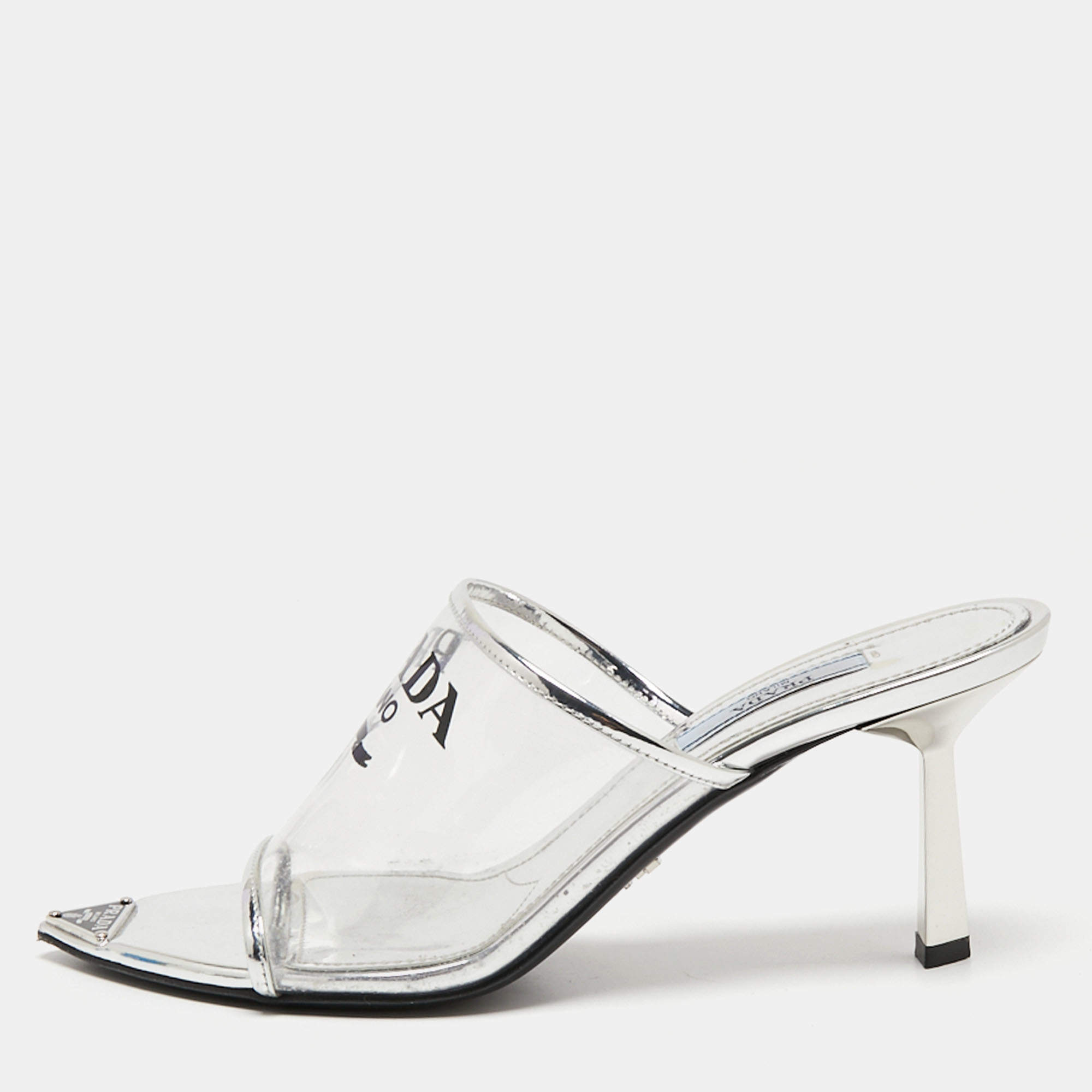 Pre Owned Prada Silver Leather and Logo Print PVC Plexiglas Slide Sandals Size 36.5