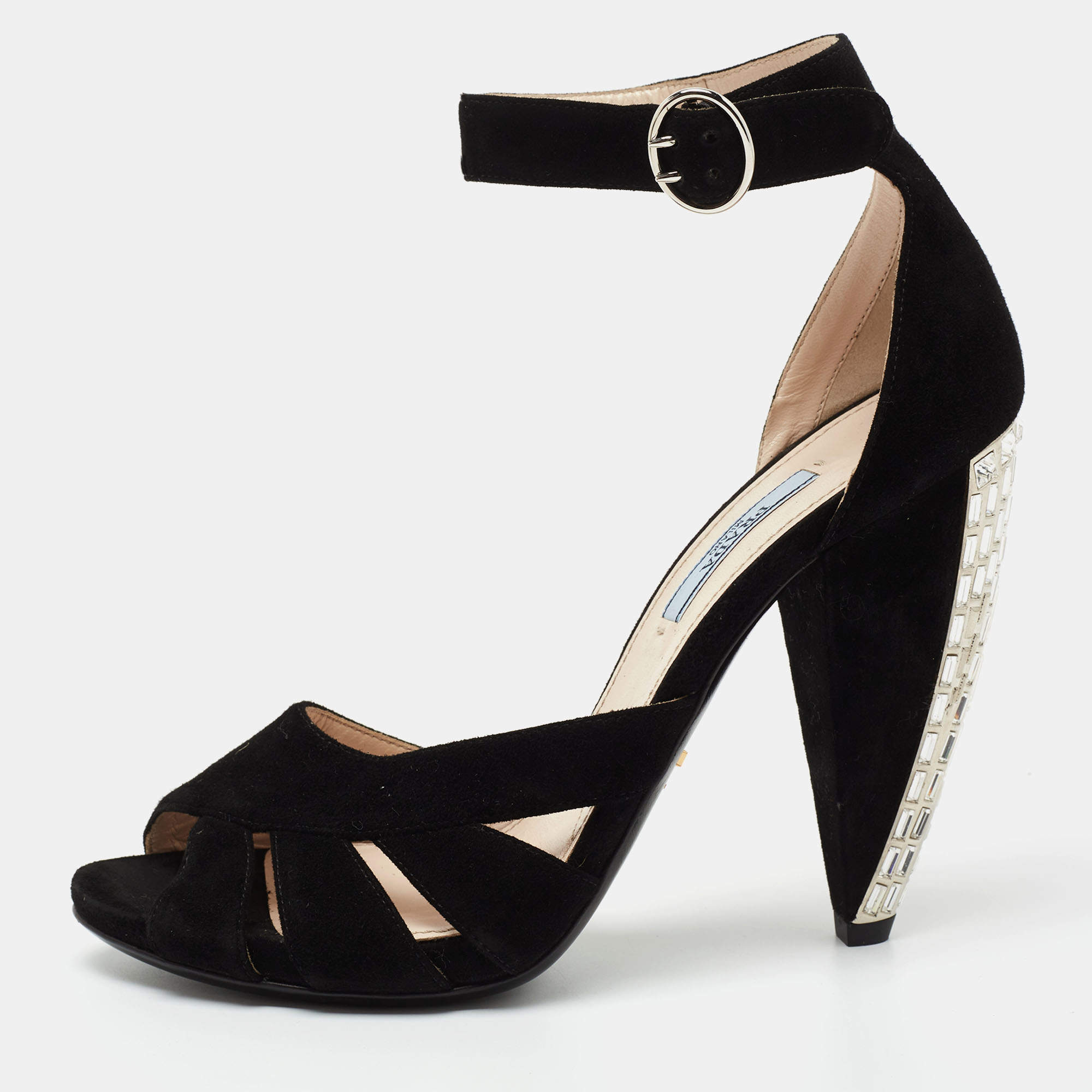 Prada Black Suede Crystal Embellished Heel Ankle Strap Sandals Size 39