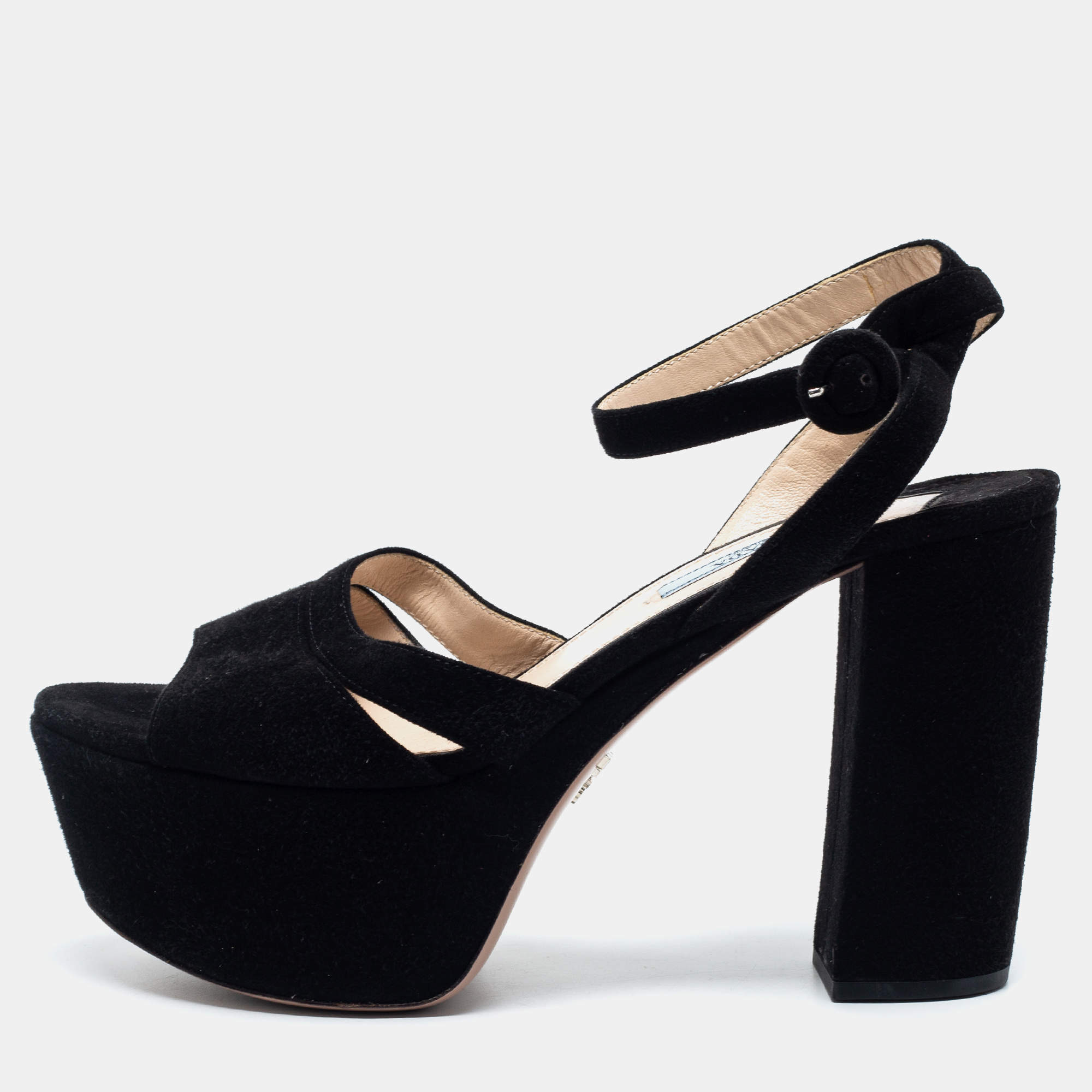 Pre Owned Prada Black Suede Ankle Strap Block Heel Platform Sandals Size 38