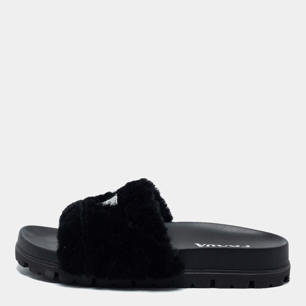 Pre Owned Prada Black Shearling Fur Slide Flats Size 40