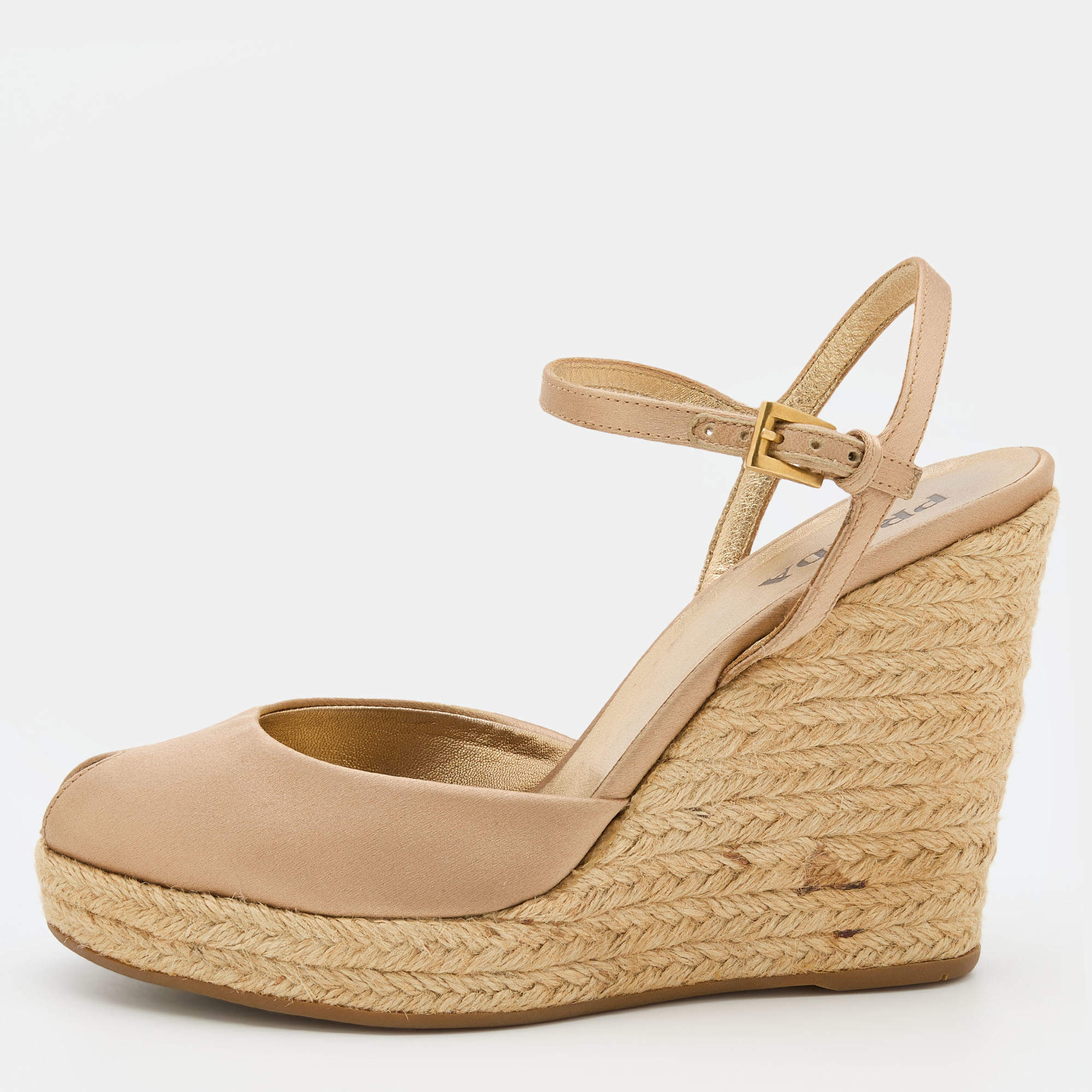 Pre Owned Prada Beige Satin Ankle Strap Wedge Espadrilles Sandals Size 37