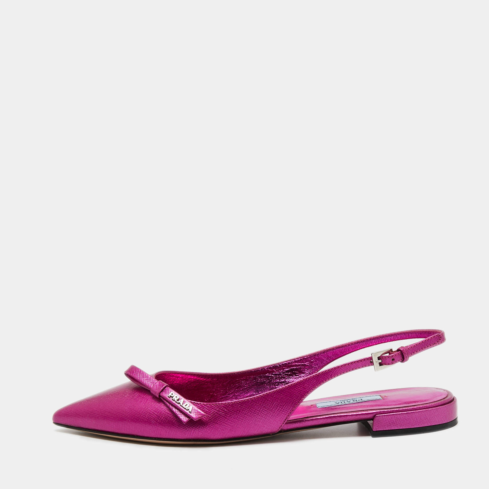 Pre Owned Prada Metallic Pink Saffiano Leather Bow Slingback Flats Size 39