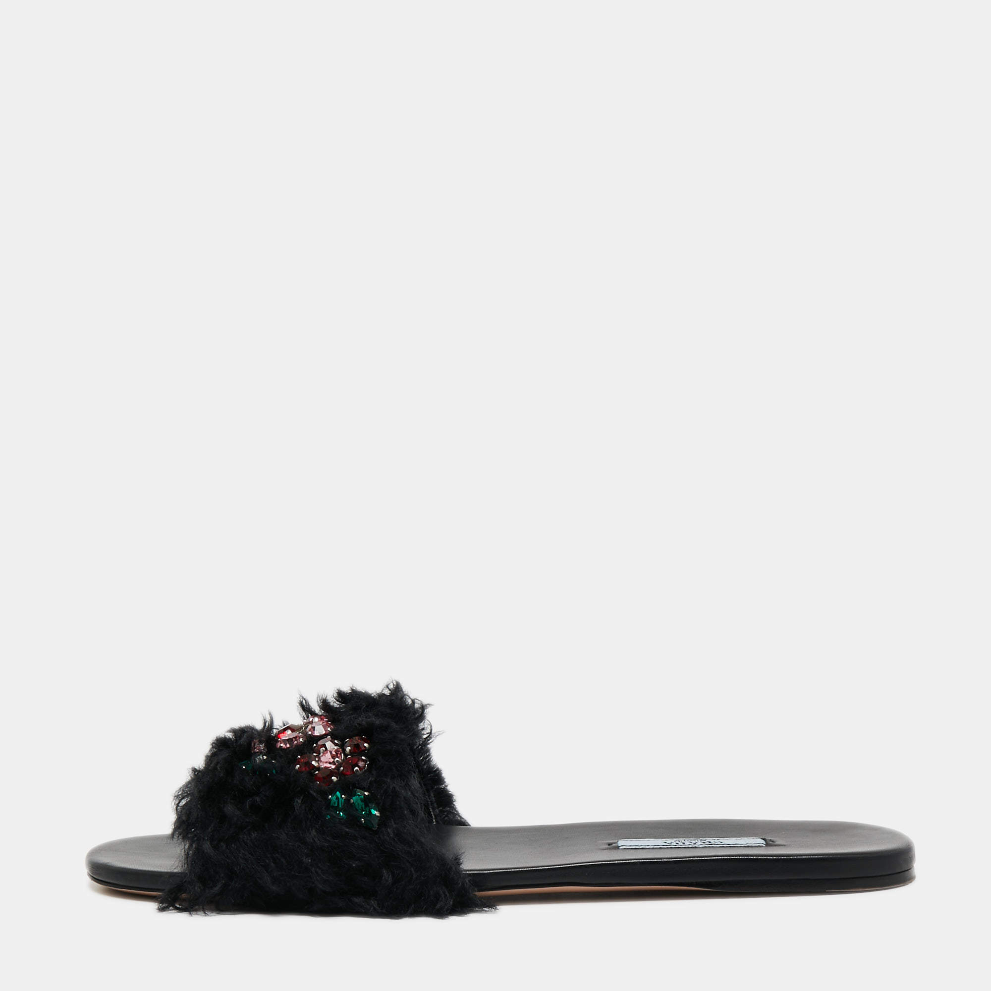 Prada Black Fur Crystal Embellished Flat Slides Size 40 