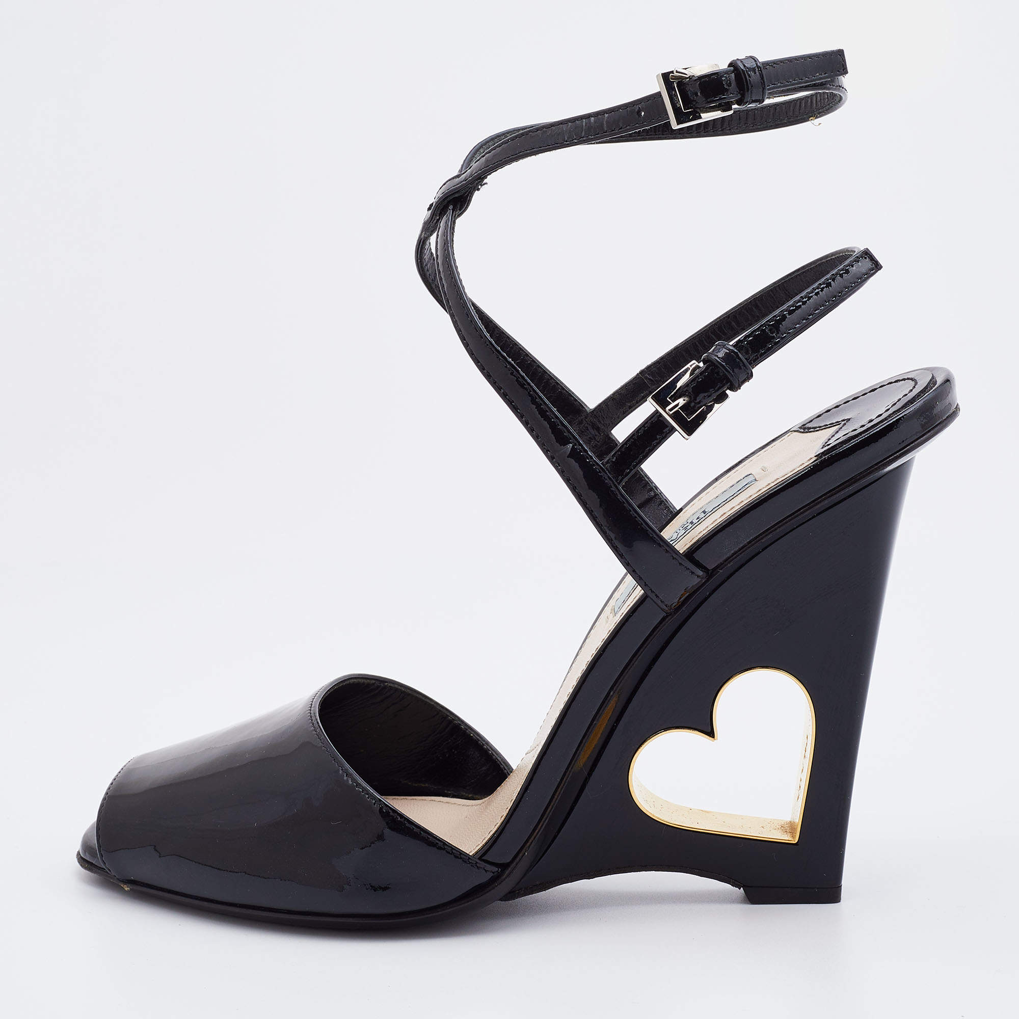 Prada Black Patent Leather Wedge Criss Cross Sandals Size 39