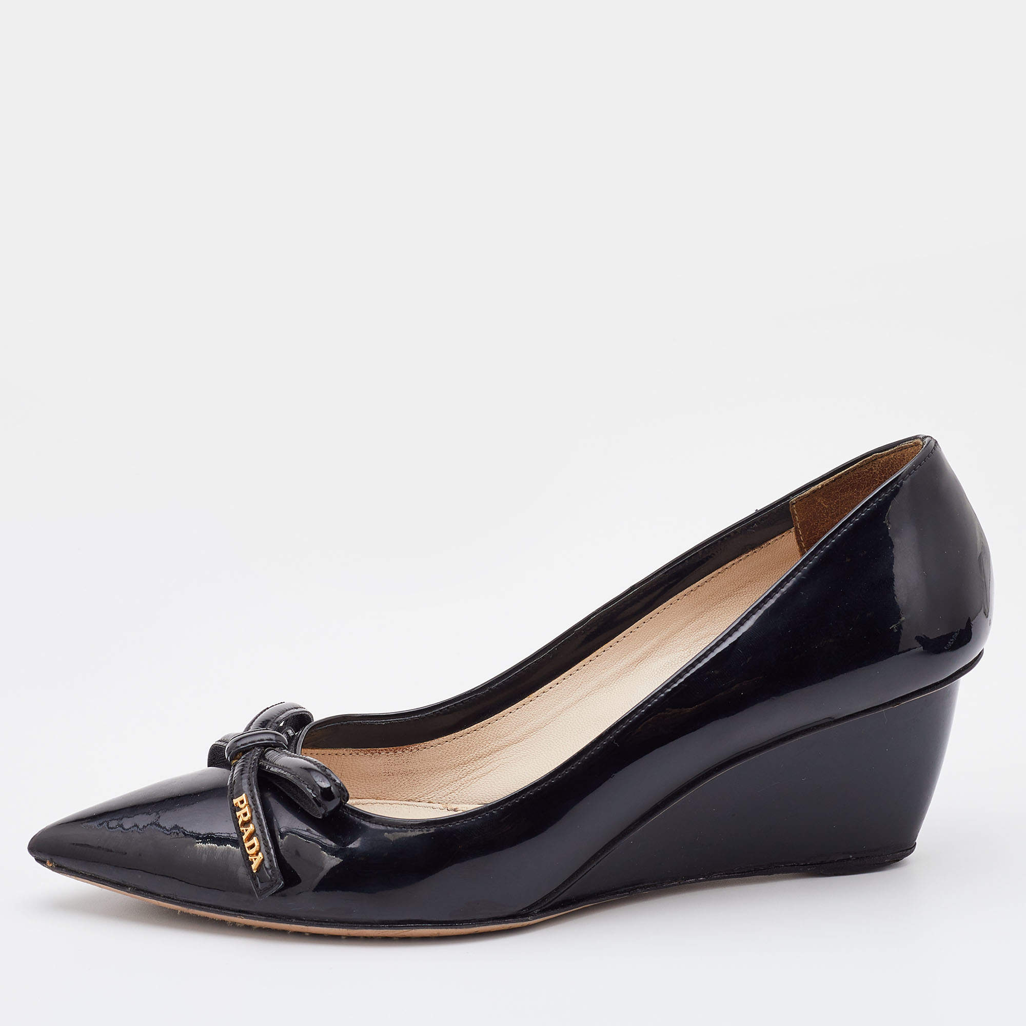 Prada Black Patent Leather Bow Detail Pointed Toe Wedge Pumps Size 37