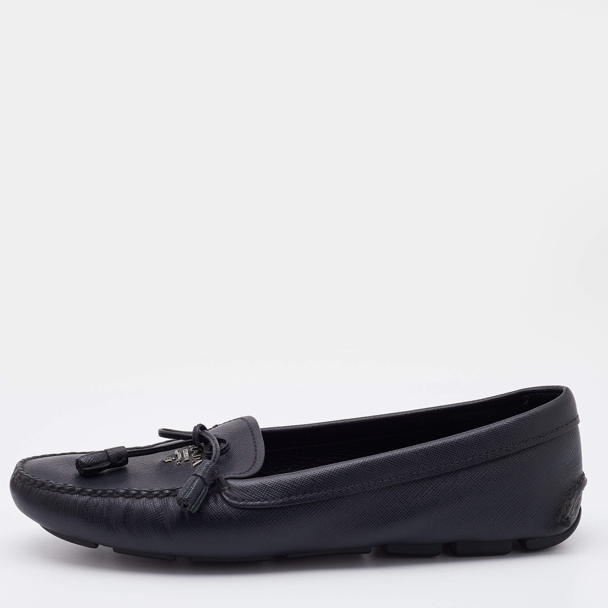Pre Owned Prada Black Patent Leather Bow Slip On Loafers Size 39.5