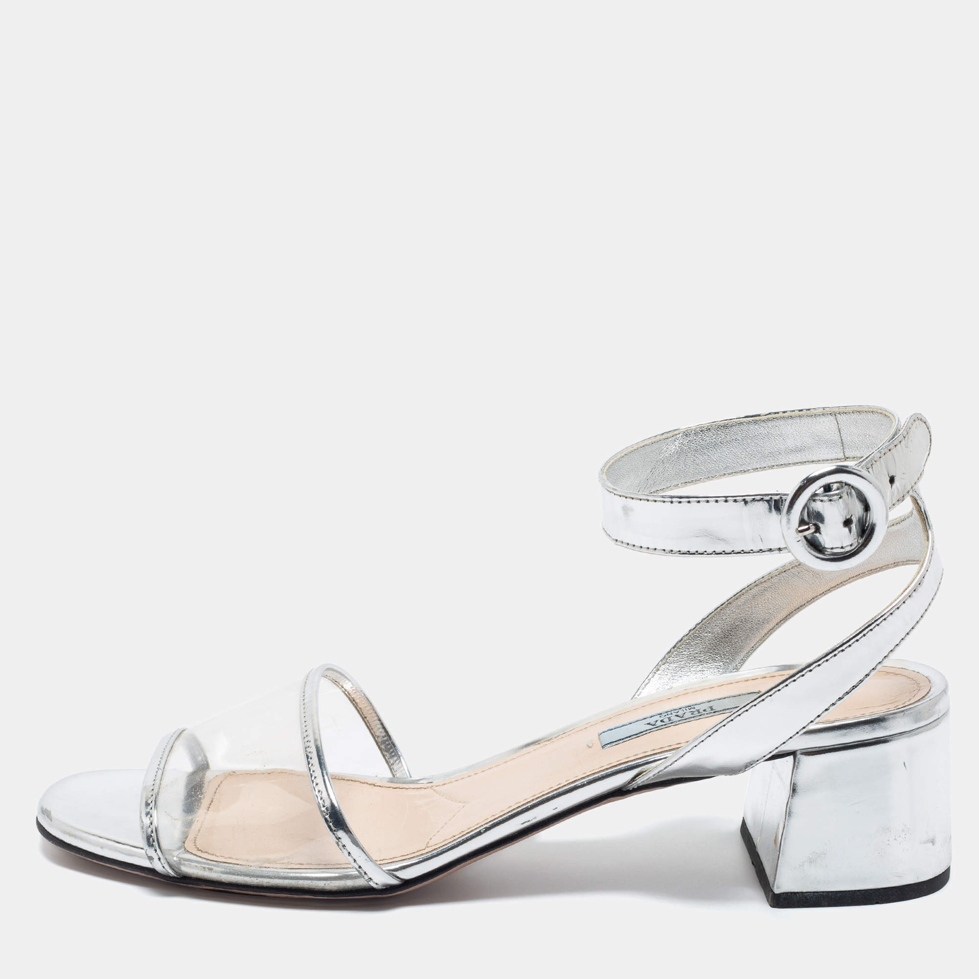 Prada Silver Leather and PVC Ankle Strap Block Heel Sandals Size 39.5