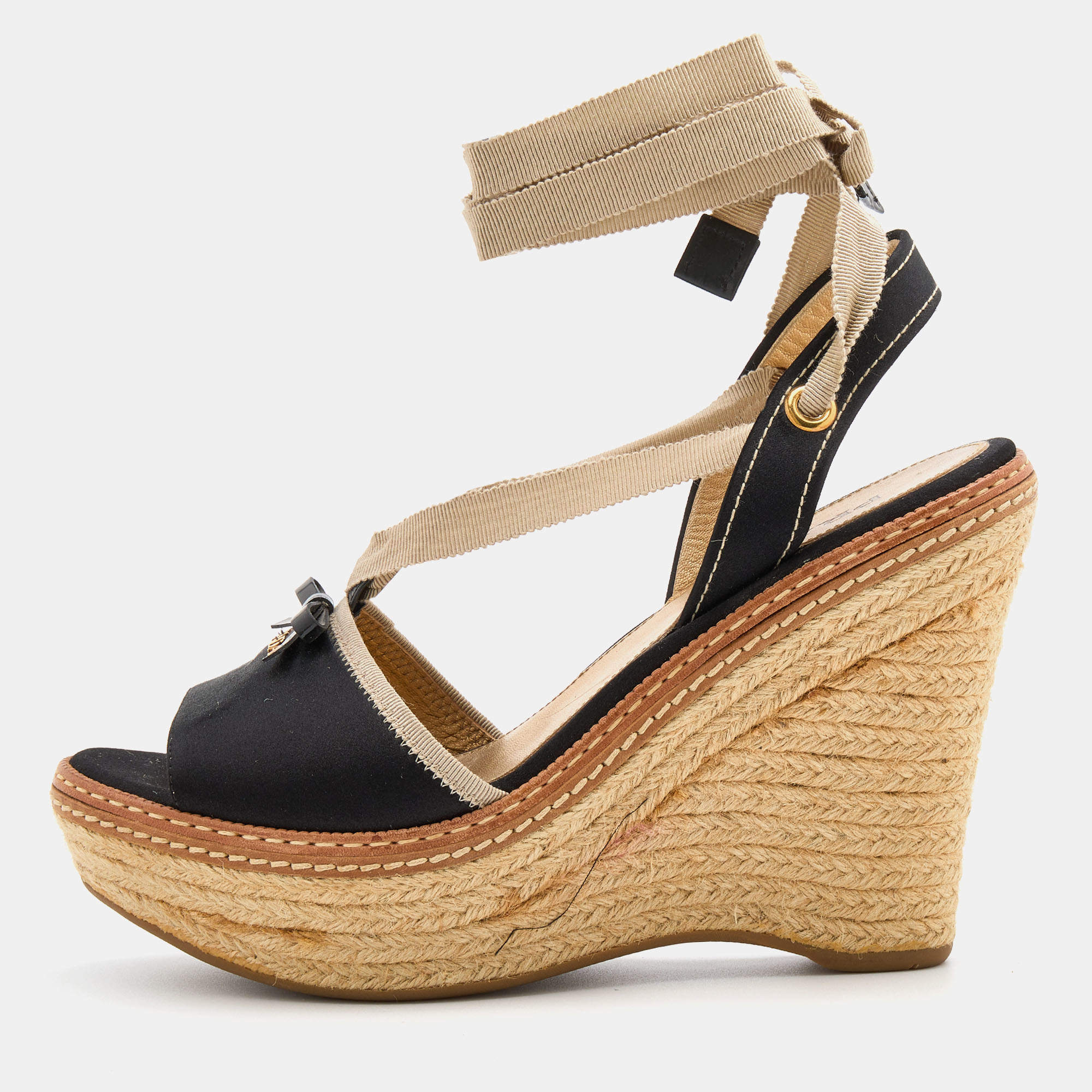 Prada Black Satin and Fabric Espadrille Platform Wedge Sandals Size   Prada | TLC