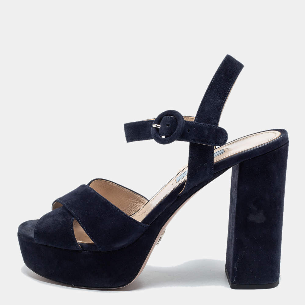 Pre Owned Prada Navy Blue Suede Criss Cross Platform Ankle Strap Sandals Size 38
