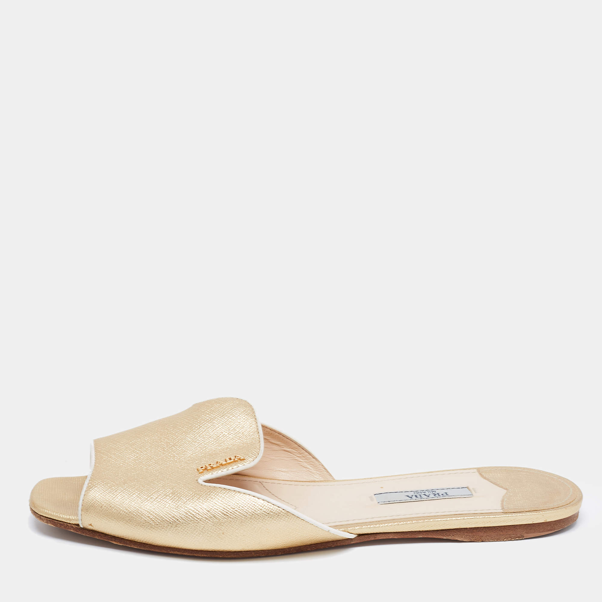 Pre Owned Prada Gold Saffiano Leather Flat Slides Size 39