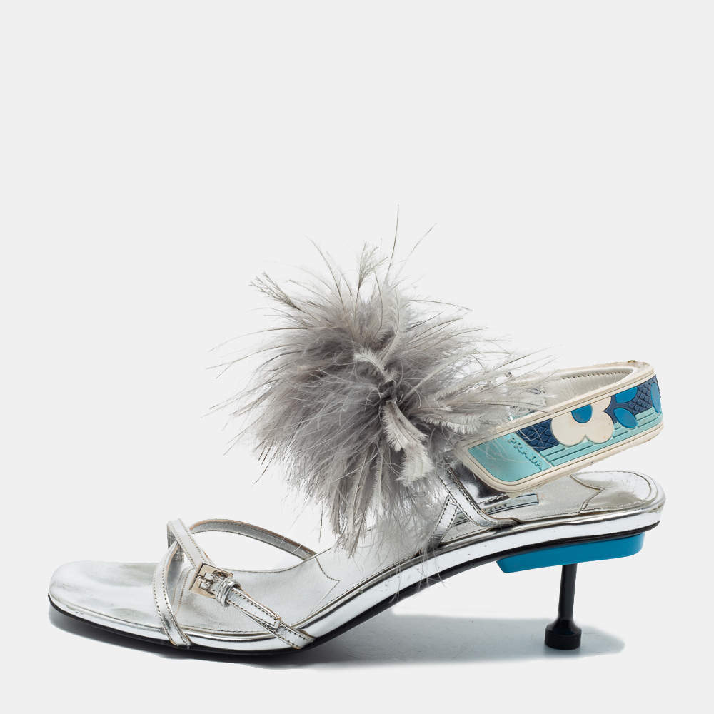 Pre Owned Prada Silver/Blue Leather, Rubber and Feather Trim Slingback Sandals Size 39