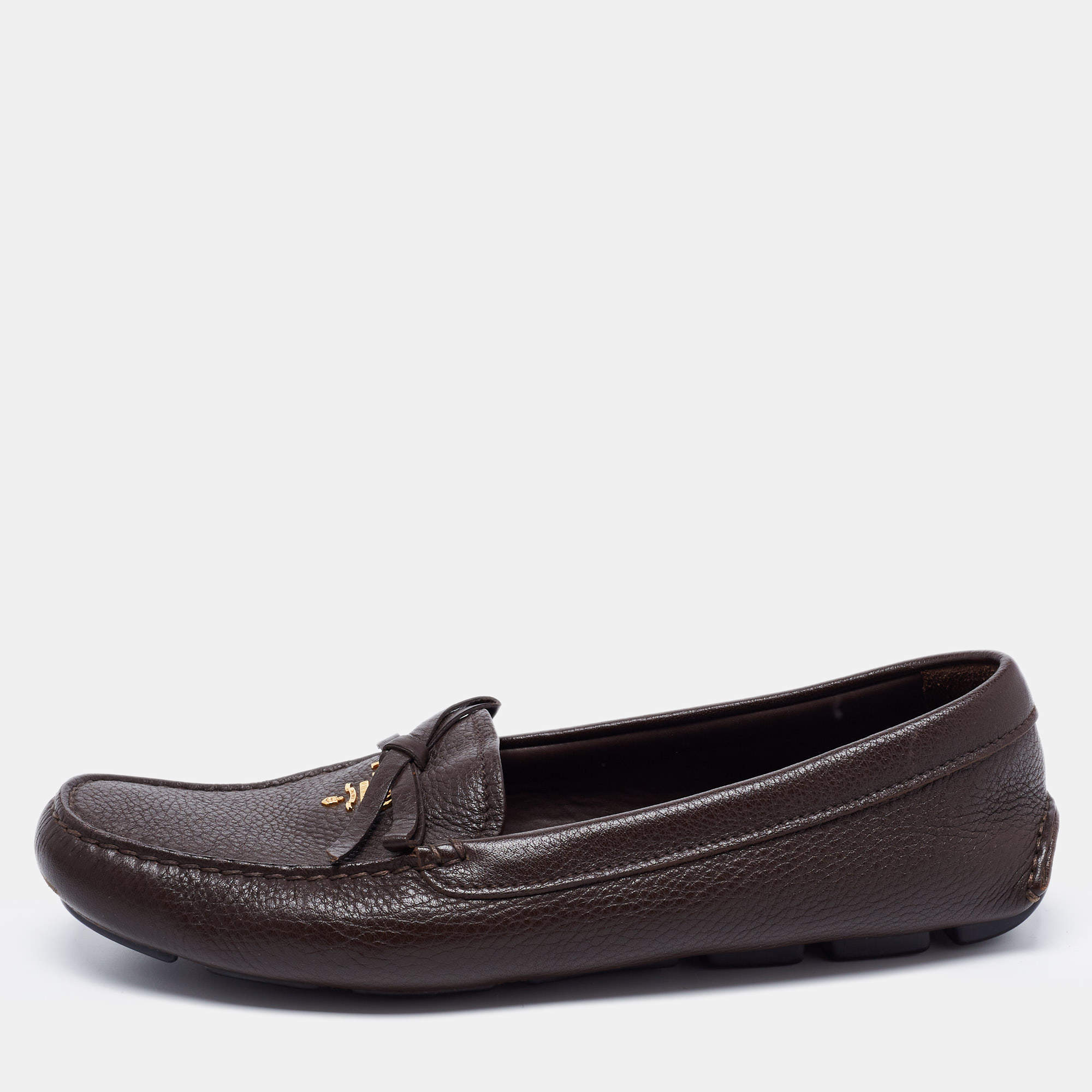 Pre Owned Prada Dark Brown Leather Loafers Size 38.5