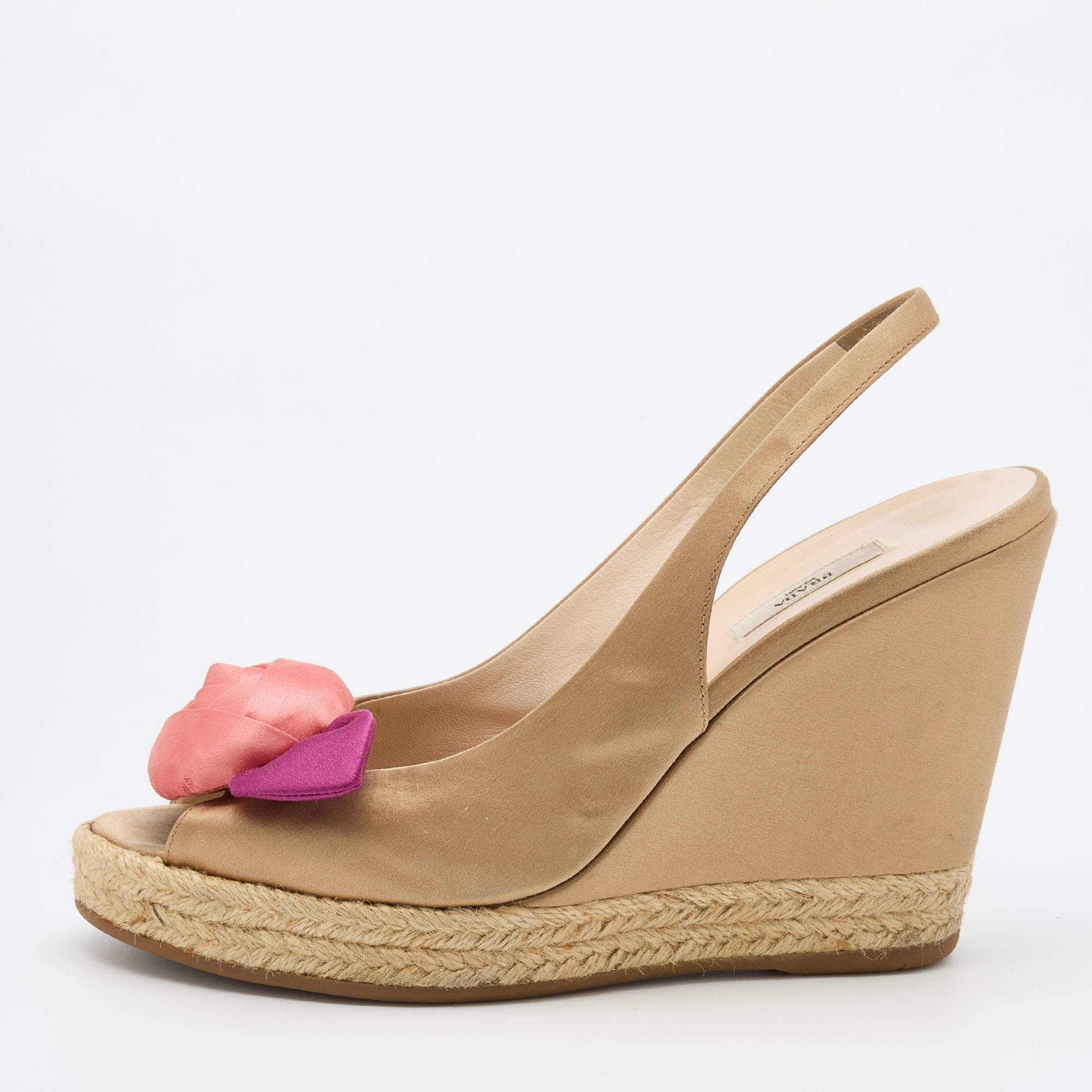 Pre Owned Prada Light Brown Satin Rose Espadrille Platform Wedge Pumps Size 38