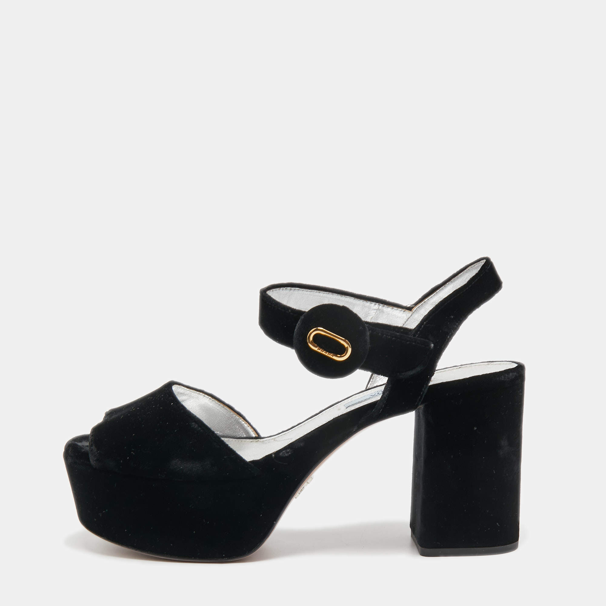 Pre Owned Prada Black Velvet Block Heel Platform Ankle Strap Sandals Size 37.5