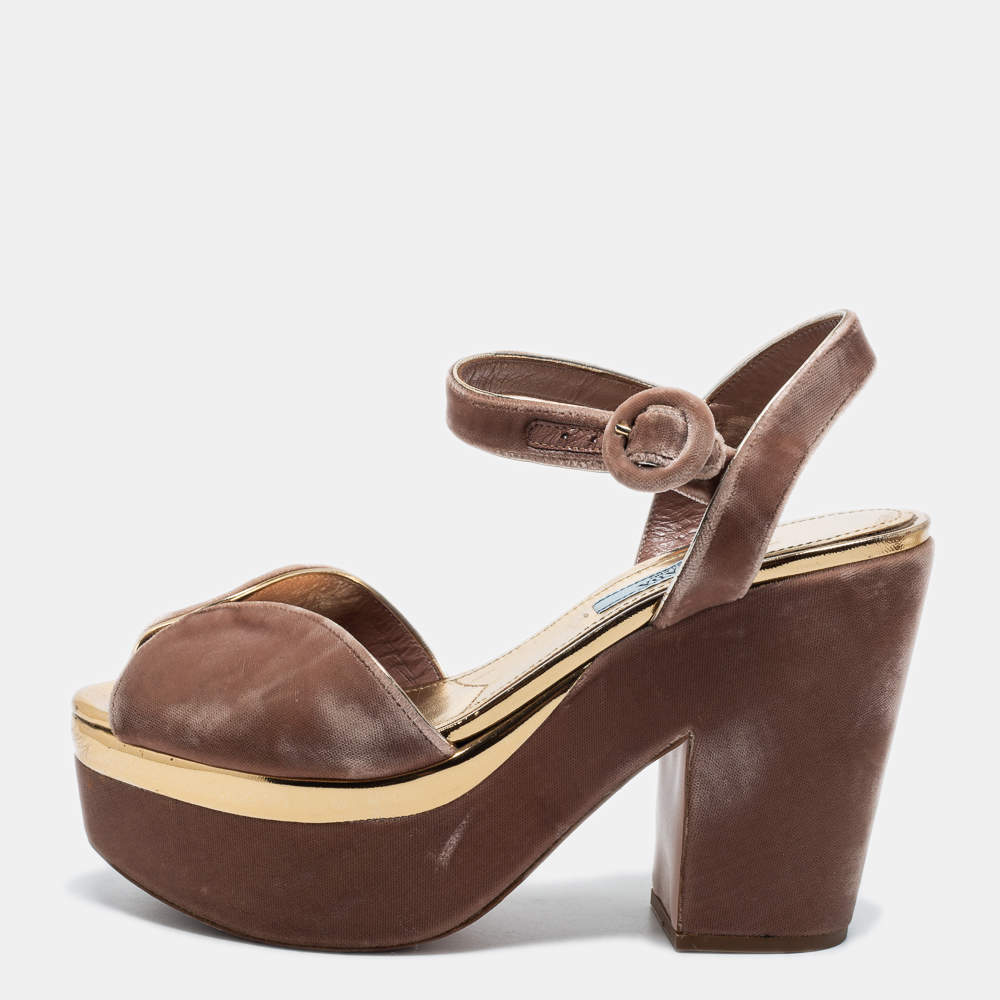 Pre Owned Prada Dusty Pink Velvet Block Heel Platform Ankle Strap Sandals Size 37.5