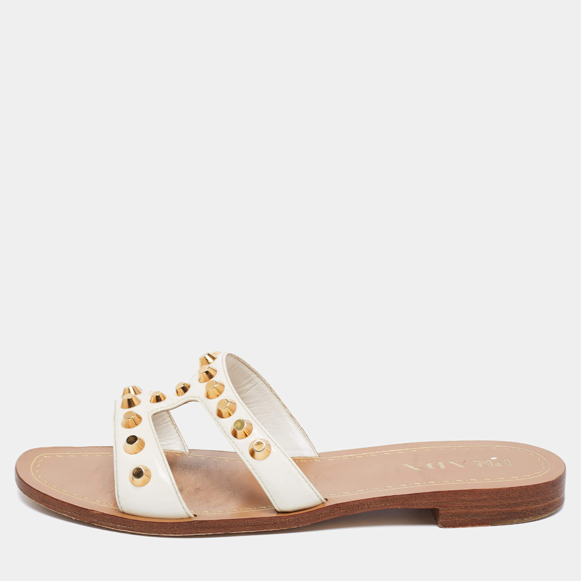 Prada White Patent Leather Stud Embellished Flat Slides Size 38