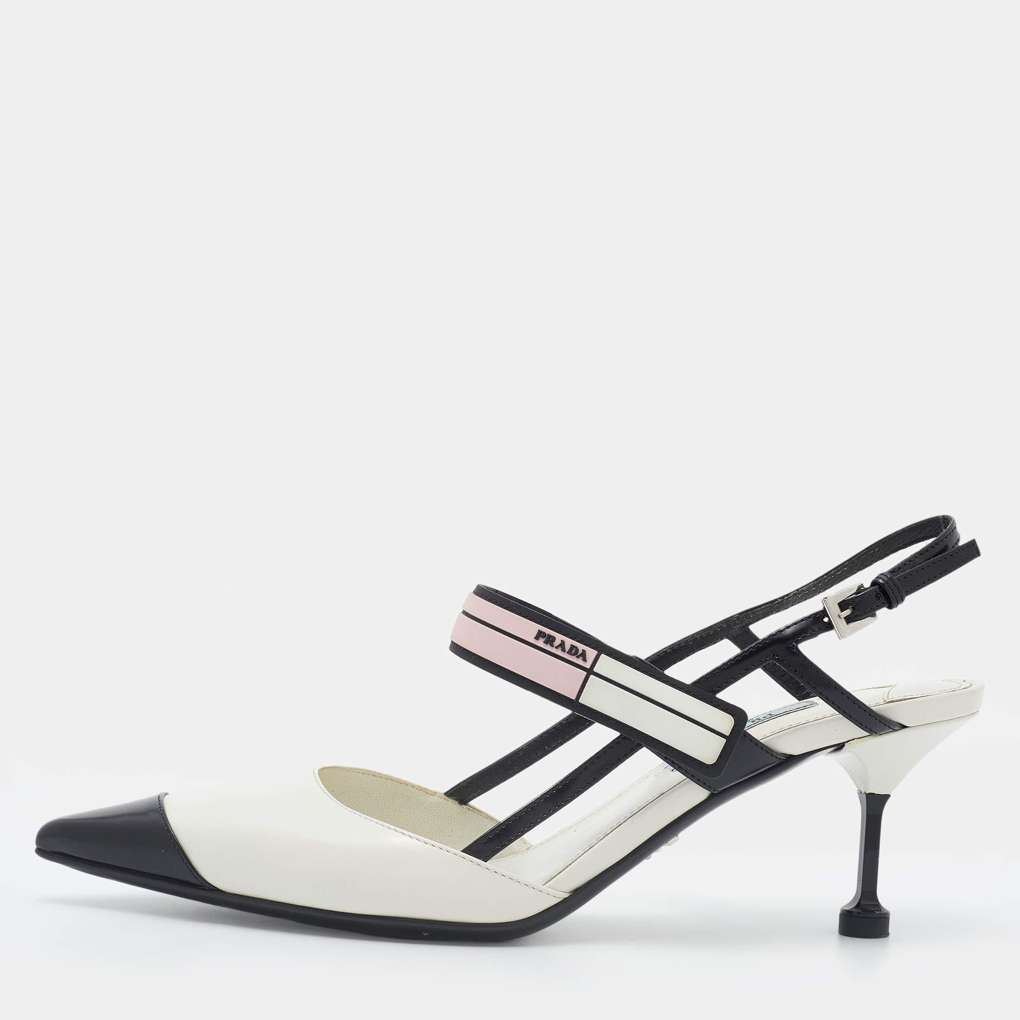 Pre Owned Prada White/Black Leather and Rubber Slingback Pumps Size 37.5